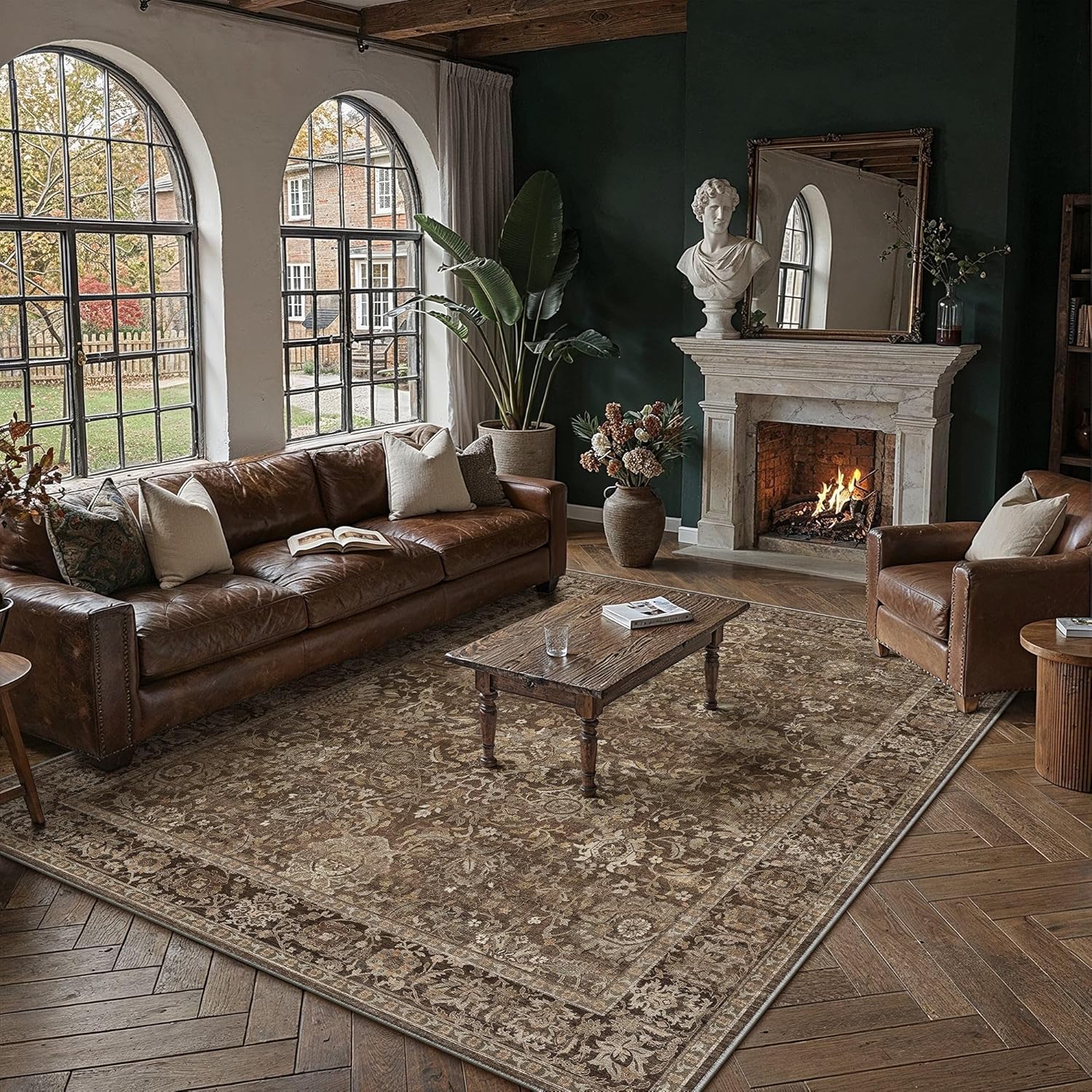 HUGEAR Area Rugs 8x10 Vintage Brown Machine Washable Large Living Room Bedroom Rug Retro Distressed Non Slip Stain Resistant Neutral Low Pile Throw Carpet for Home Aesthetic Decor