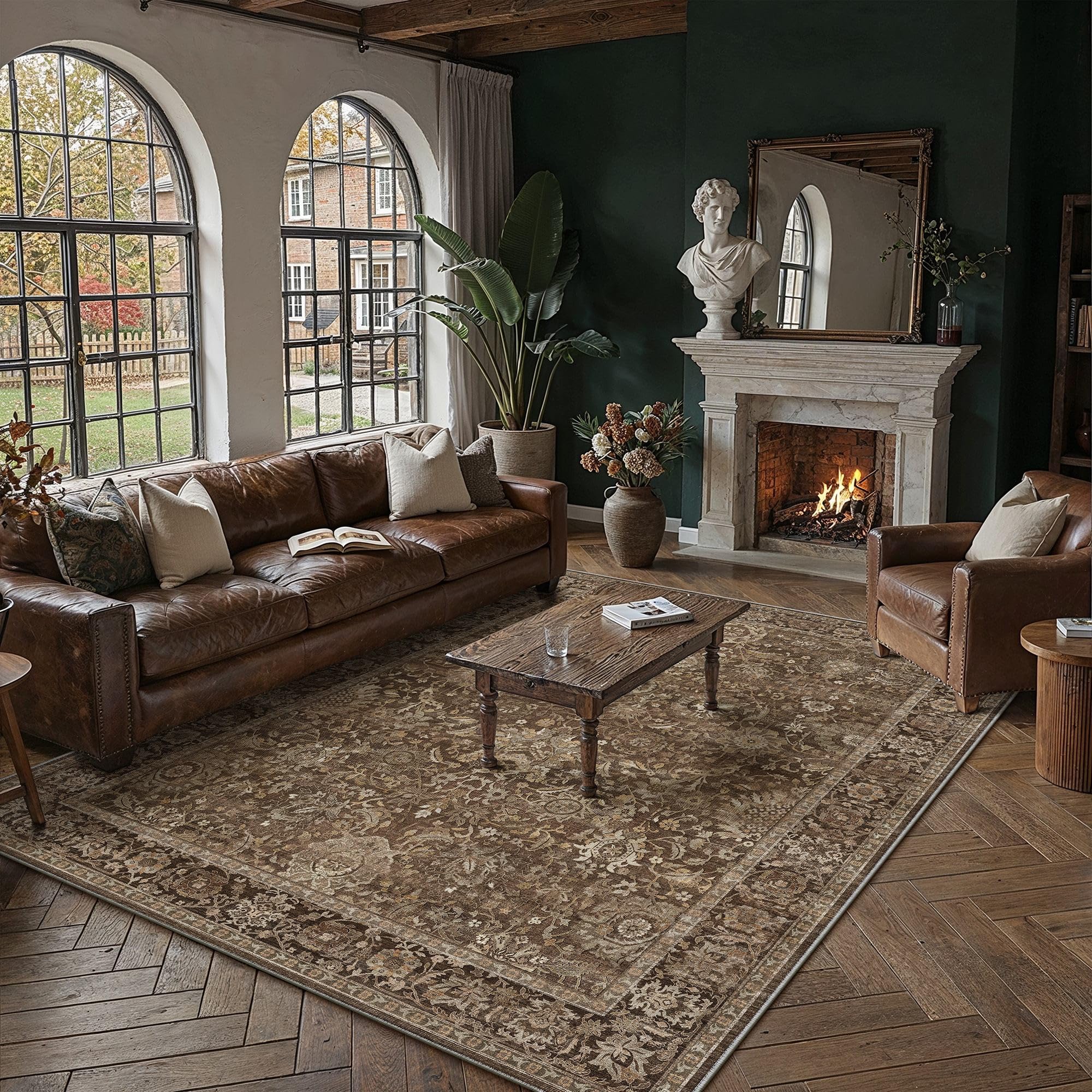 hugear area rugs 6x9 vintage brown machine washable large living room bedroom rug retro distressed non slip stain resistant neutral low pile throw carpet for home aesthetic decor