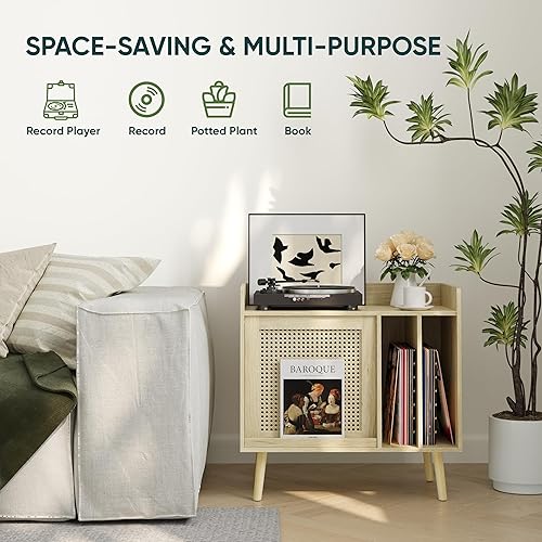Miniatura 8 de Semiocthome Soporte para tocadiscos con almacenamiento de vinilo, mesa de tocadiscos con puerta de armario de ratán, soporte para discos de vinilo