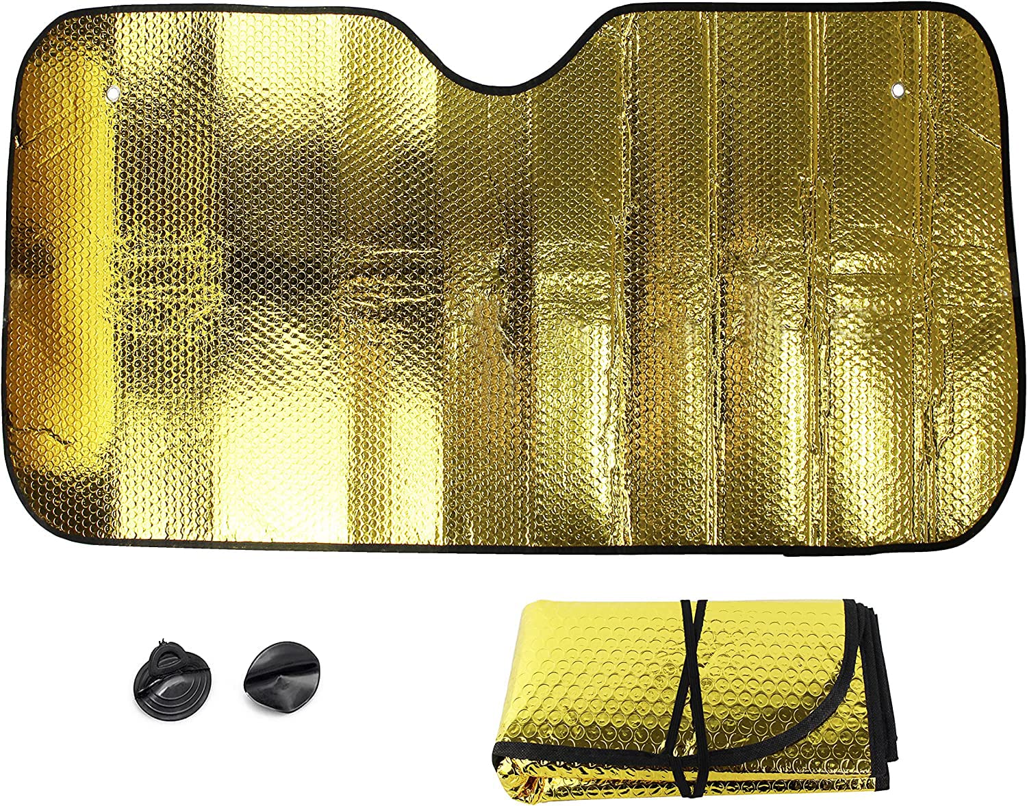 Parasol Coche Delantero Plegable Protector Solar de Luna Delantera Parasol Coche para Luna Delantera Universal con 2 Ventosas 2 Correas (Dorado)