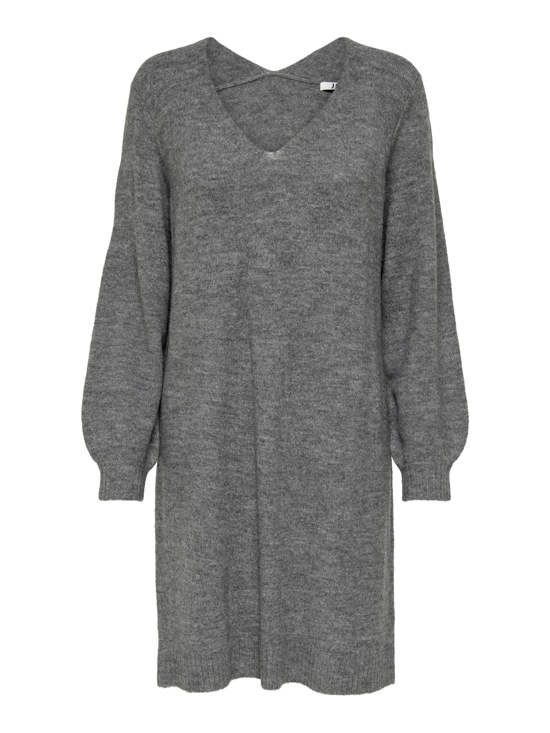 JACQUELINE de YONG JDY Women's Long Sleeve Knit Dress Regular Fit Mid-Length Sweater V-Neck Top Knee-Length JDYELANORA, Colours:Dark Grey, Size:M