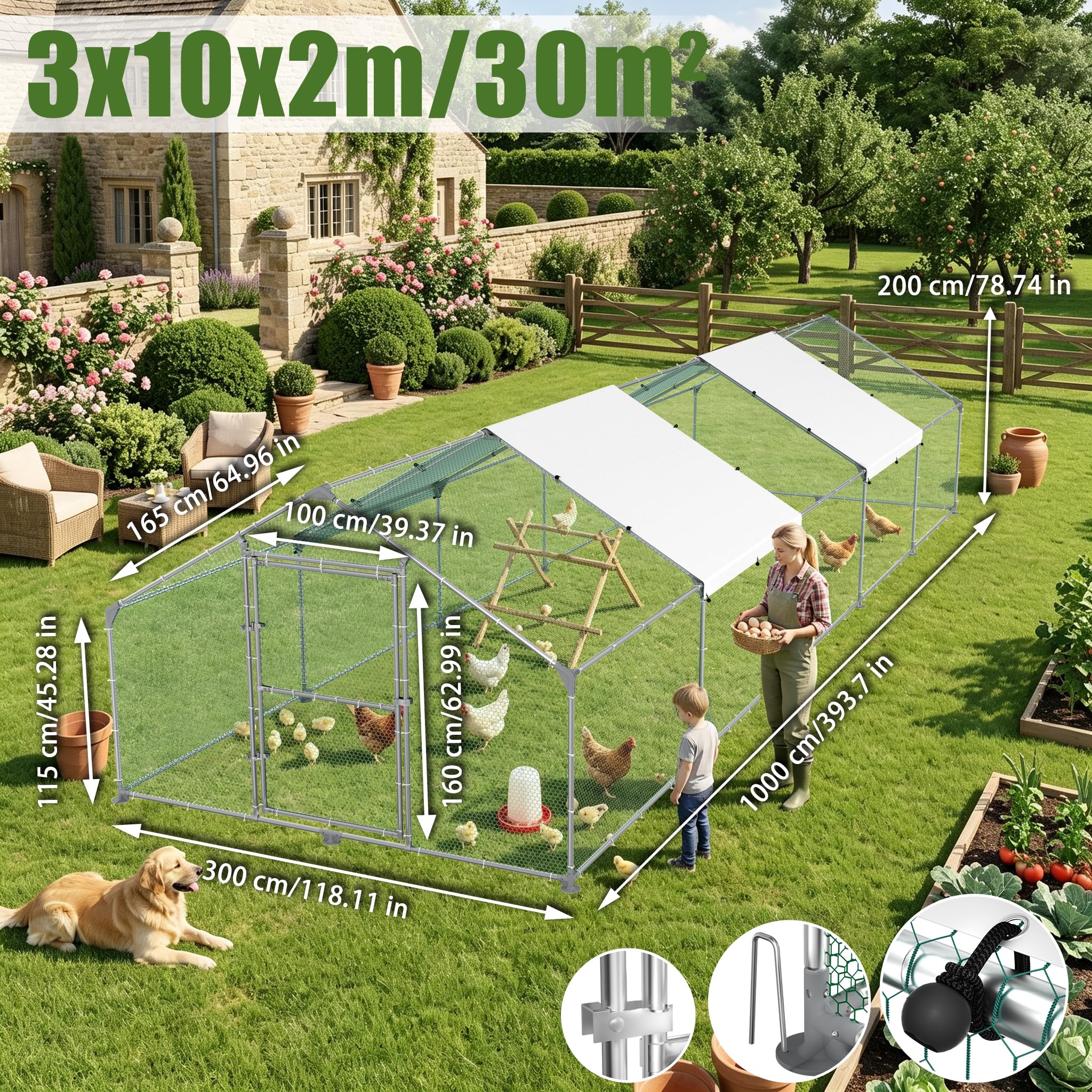 Szpiczasty dach kurnik 3 x 10 x 2 m, duży wybieg dla drobiu