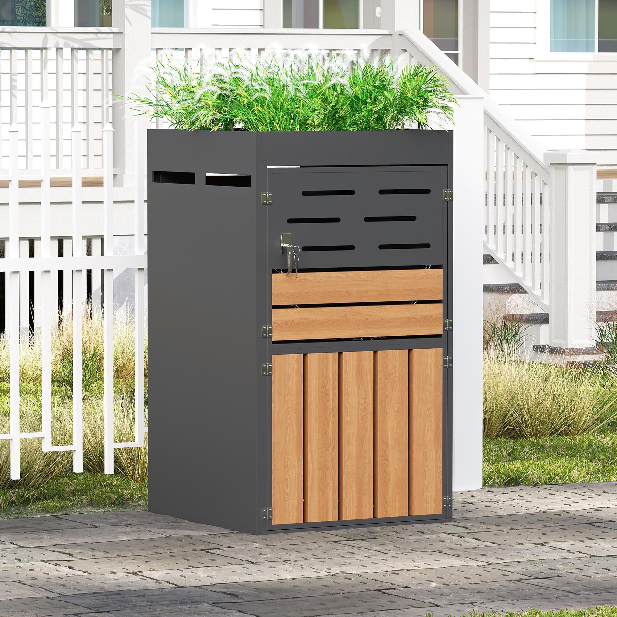 REXO Armario exterior multifuncional, jardinera integrada, rejilla de ventilación, marco de acero galvanizado, puertas con cerradura, cadena de seguridad, para almacenamiento y decoración de jardín