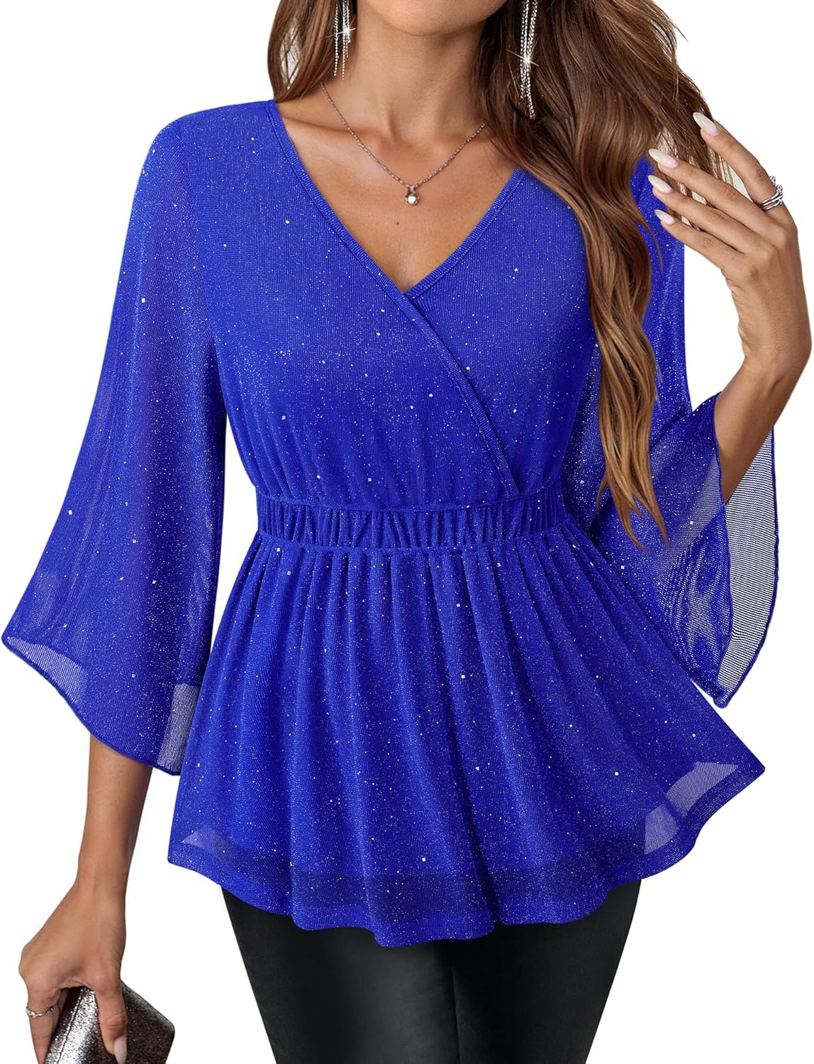 Gaharu Women's Formal Dressy Tops 3/4 Sleeve Double Layers Mesh Tunic Shirts Evening Party Blouse