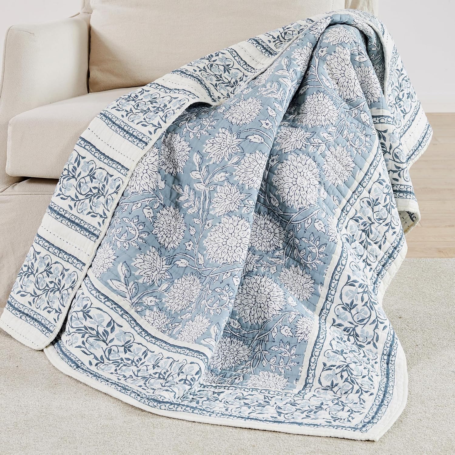 Levtex Home - Adare Blue - Throw - Bordered Floral - Blue, Navy and White - Quilted Throw (50x60in.) - Cotton