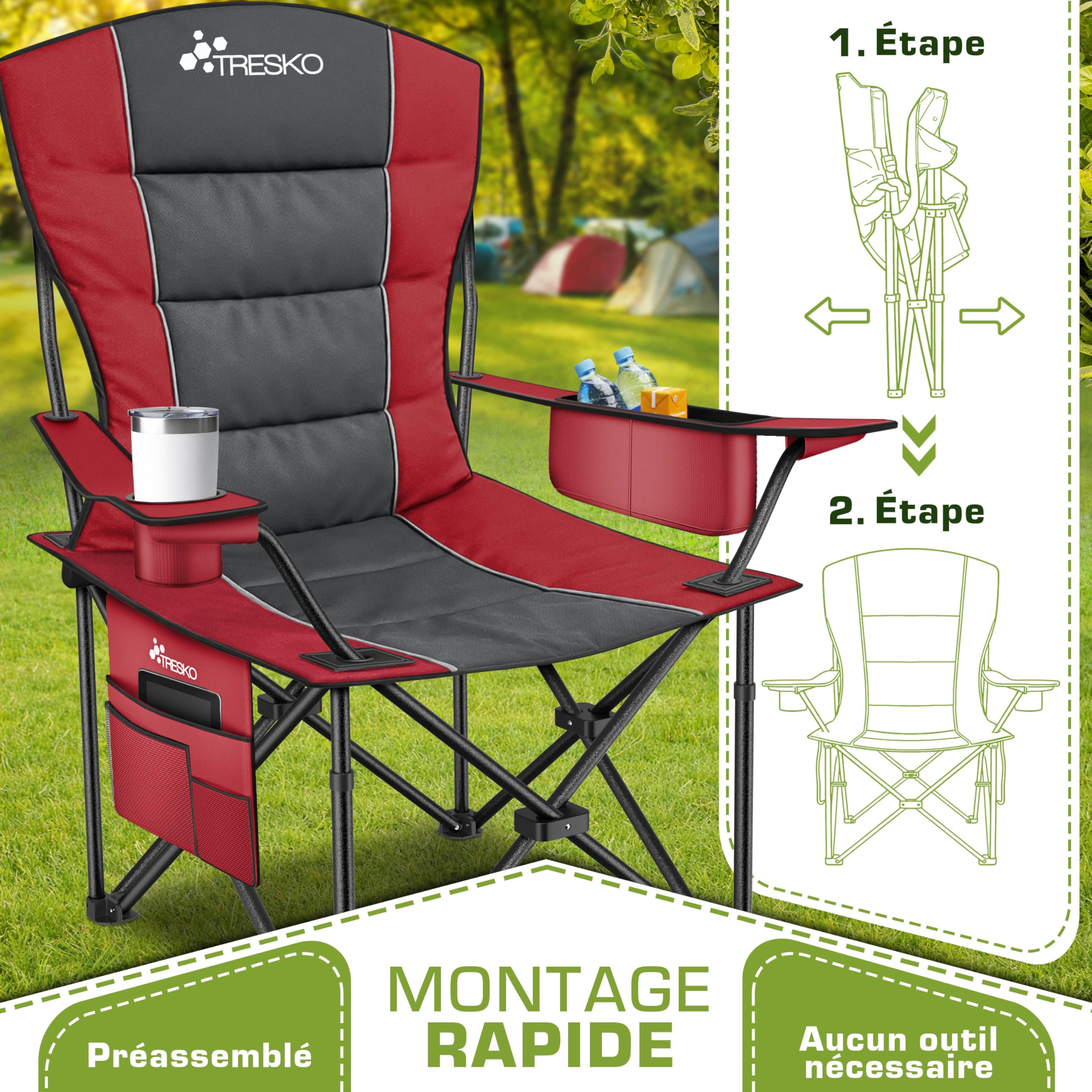 TRESKO® Chaise de Camping Pliante et transportable | jusqu'à 150 kg | Chaise de pêche Portable avec accoudoirs et Porte-gobelets (Rouge)