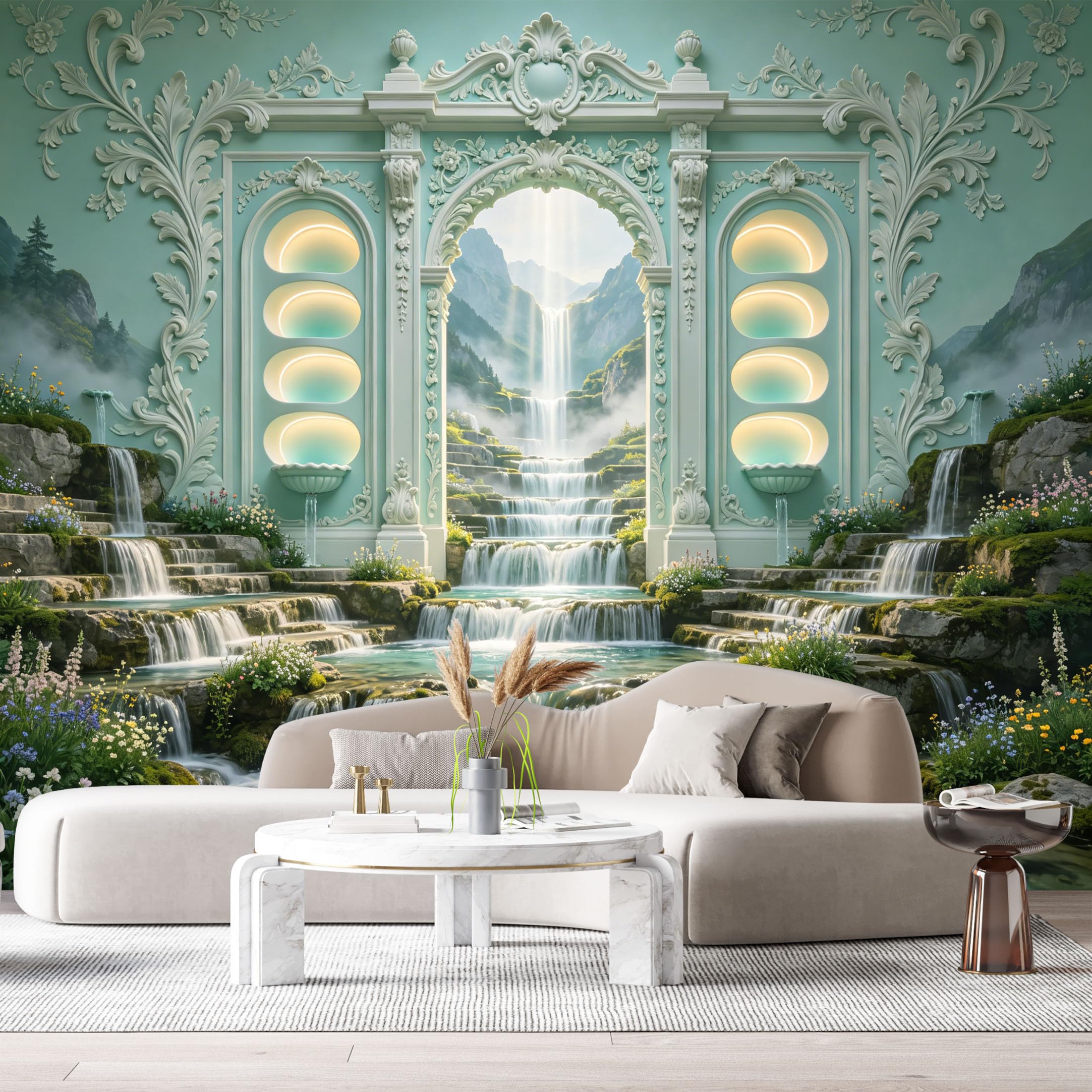 Custom Size Wall Murals Magical Realism Architecture Waterfall 3D Trompe L'Oeil SelfAdhesiveWall Fabric Removable Wallpaper Wall Decor for Living Room Bedroom Bathroom