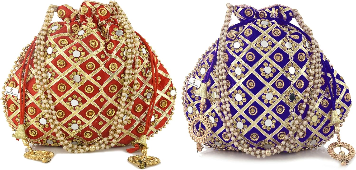 Kuber Industries 2 Pieces Silk Traditional Mirror Work Clutch Potli Batwa Pouch Hand Bag for Women/Girls