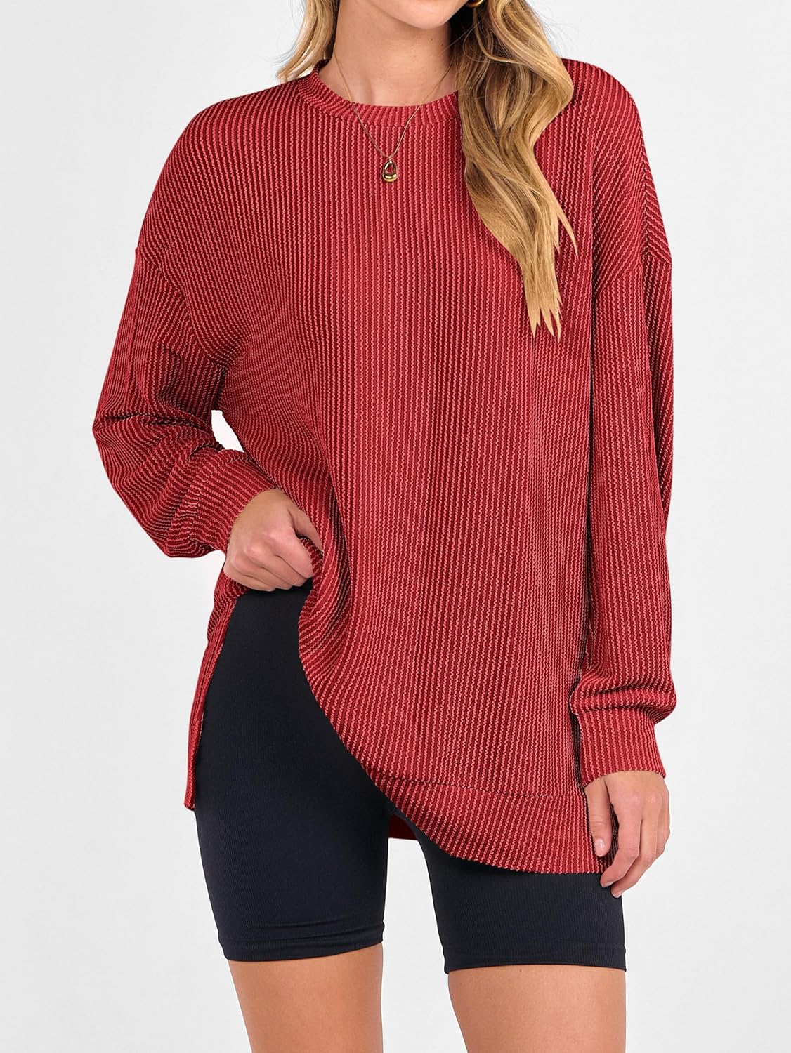 ANRABESS Womens Oversized Long Sleeve Shirts Ribbed Knit Tunic Tops Side Spilt Casual 2025 Fall Outfits - Image 7