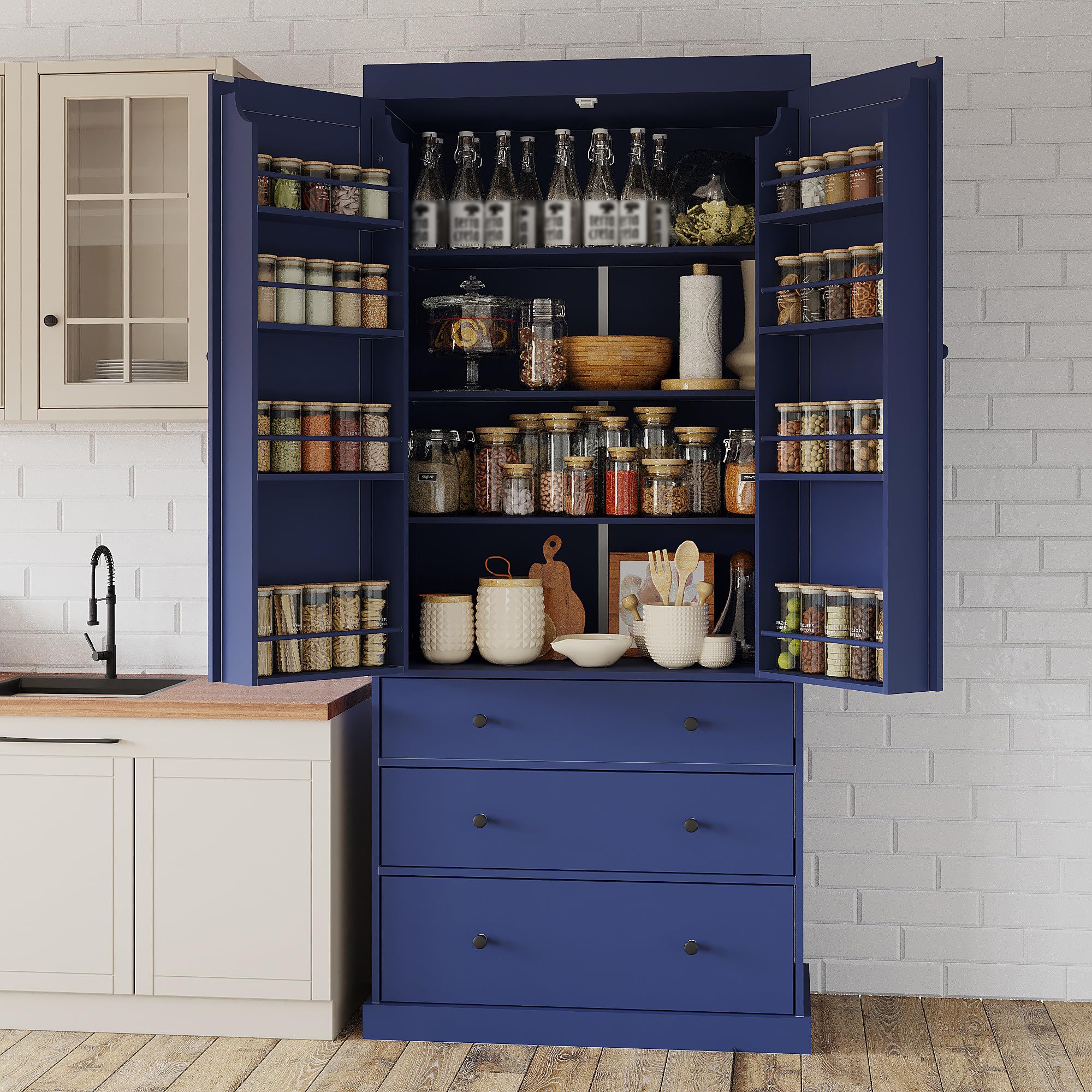 77" Tall Kitchen Pantry Cabinet with 3 Drawers and 8 Door Shelves