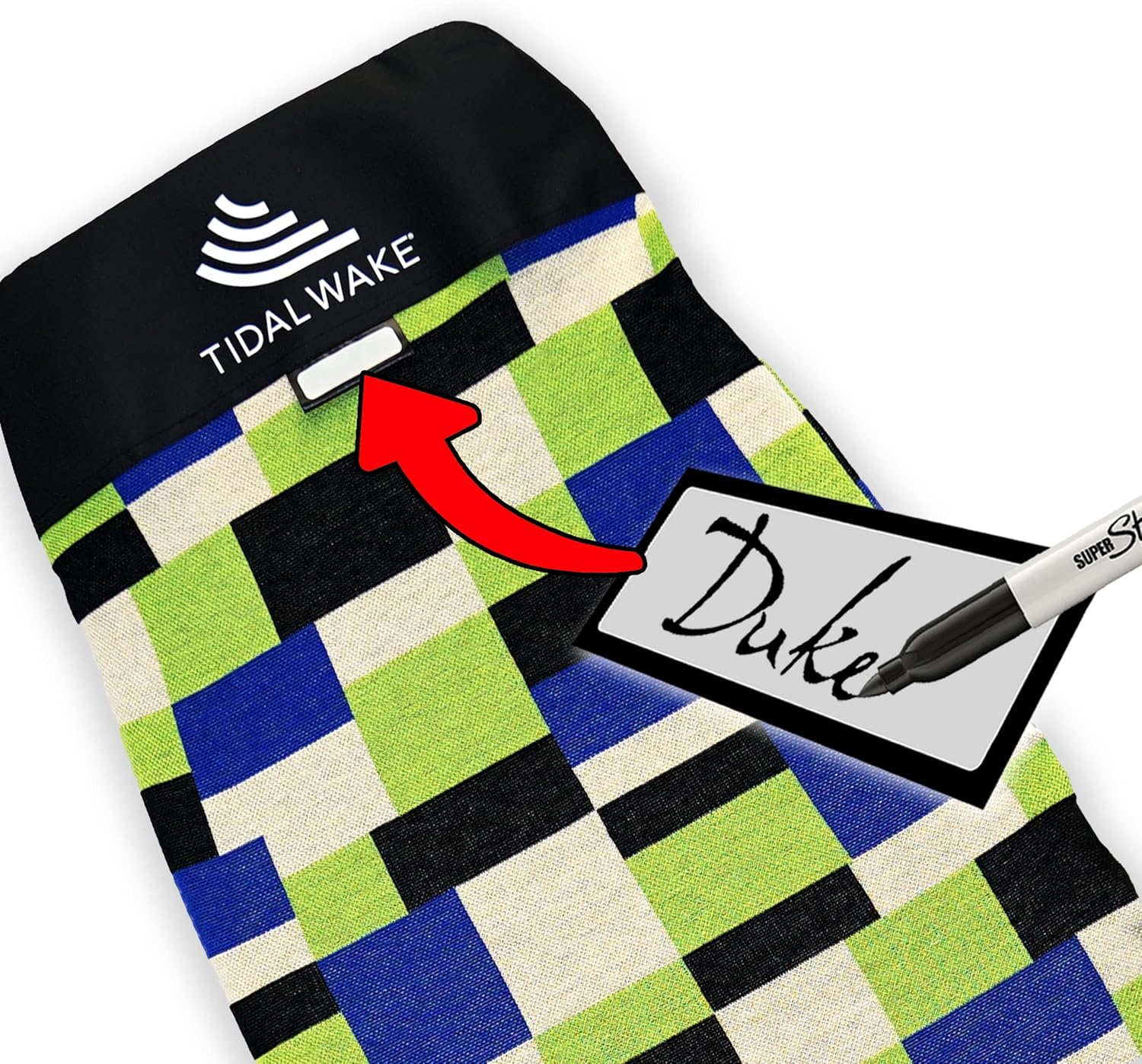 Tidal Wake TAG-IT – 58" Snub Nose Wake Surf & Wakeboard Sock with EZ Carry Handle & Built-in Name Tab – Personalize & Protect WakeSurf, Wake or Foil Boards - Blue & Green Colorblox
