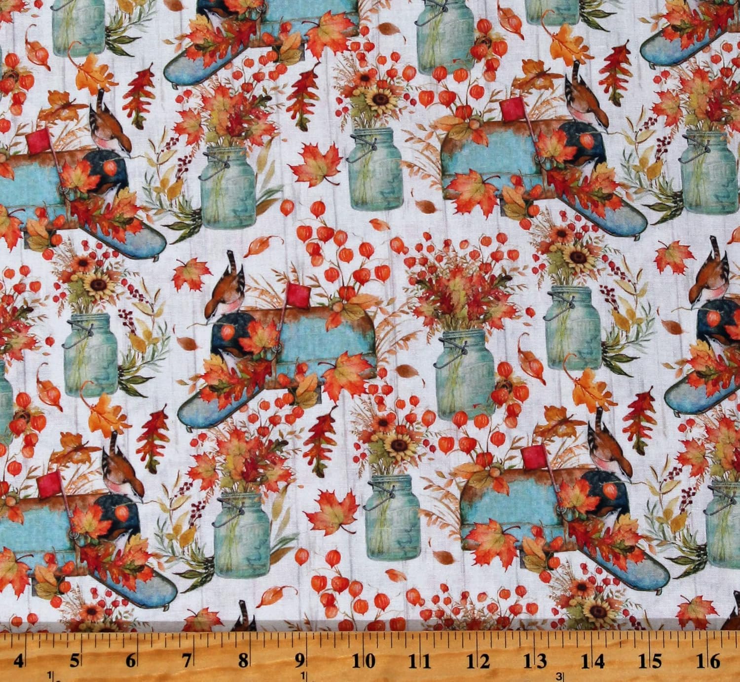 Fields Cotton Sunflowers Fall Leaves Autumn Harvest Mason Jars Mailboxes Cream Cotton Fabric Print by The Yard (77357-G550715), 44 Inches