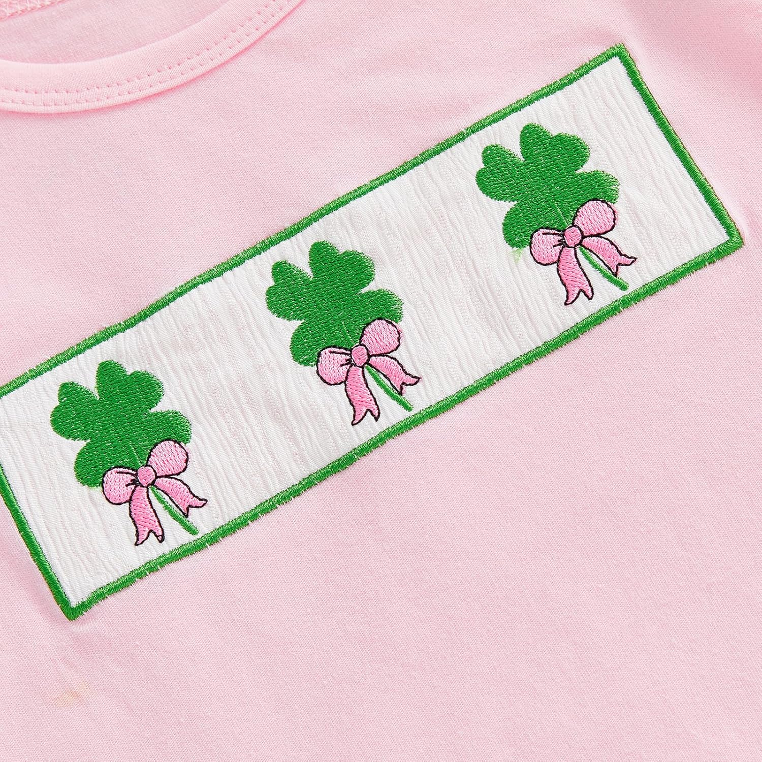 Karuedoo Toddler Baby Girl St Patricks Day Outfit Clover Embroidery Smocked Flutter Sleeve T Shirt Plaid Ruffle Shorts Set - Image 7