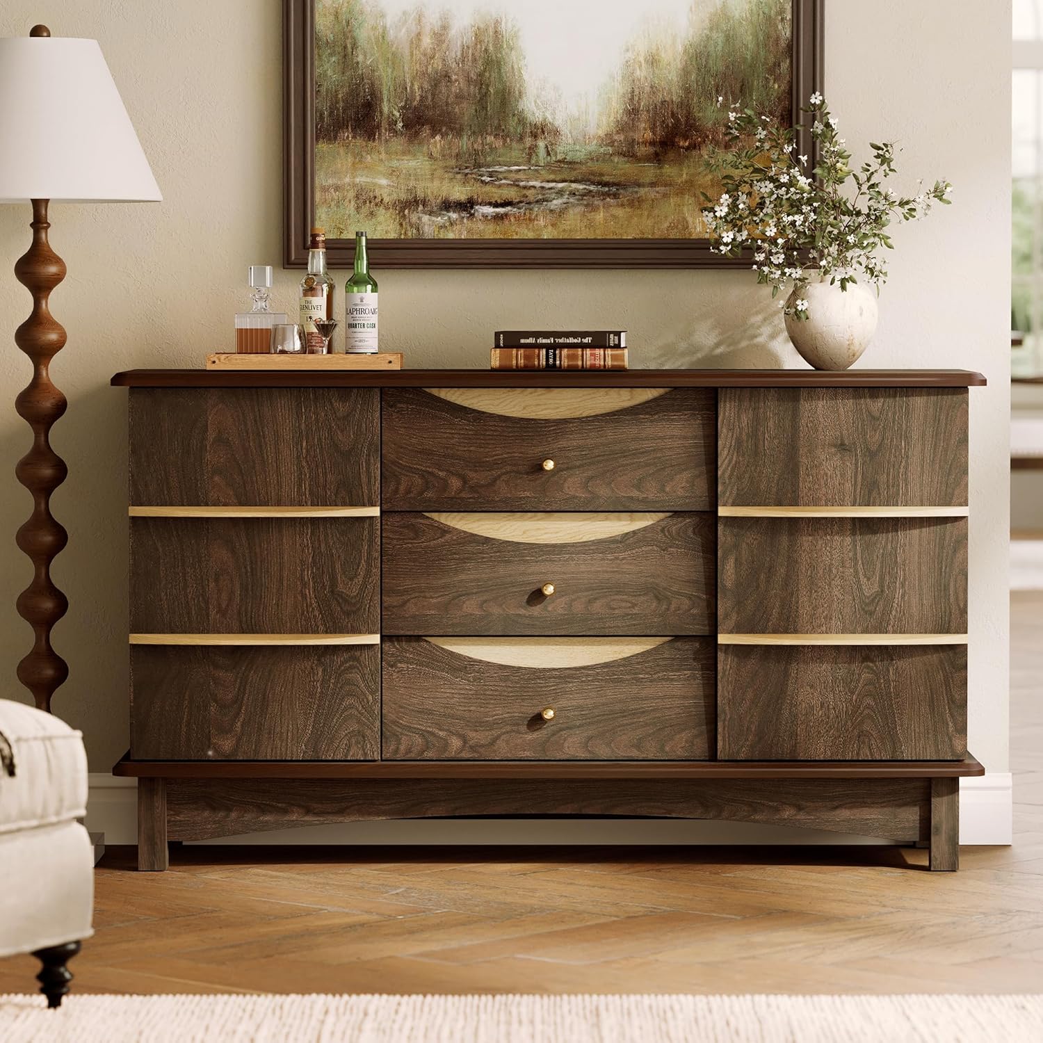 Buffet Cabinet, Large Sideboard Buffet Storage Cabinet with 3 Drawers, Coffee Bar Station with Solid Wood Handle and 2 Doors，Concealed Storage Shelves & Sliding Tray for Kitchen, Dining Room