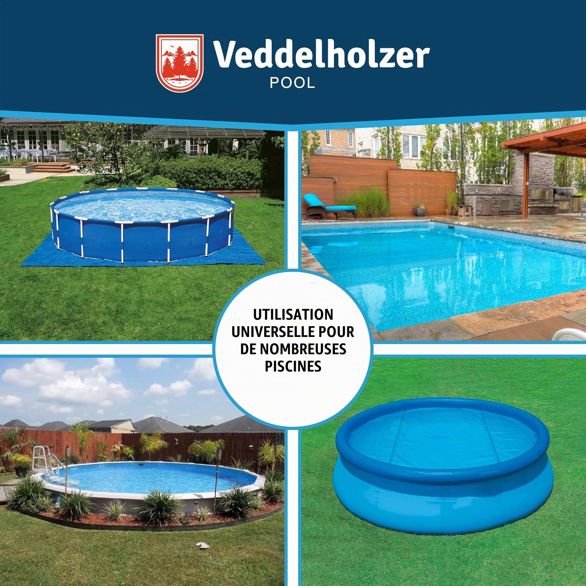 Veddelholzer XXL Ø2 m Coussin de piscine rond Set Incl. 6 m de corde de fixation & kit de réparation Coussin gonflable pour couverture de piscine. Accessoire de piscine parfait pour la toiture et la