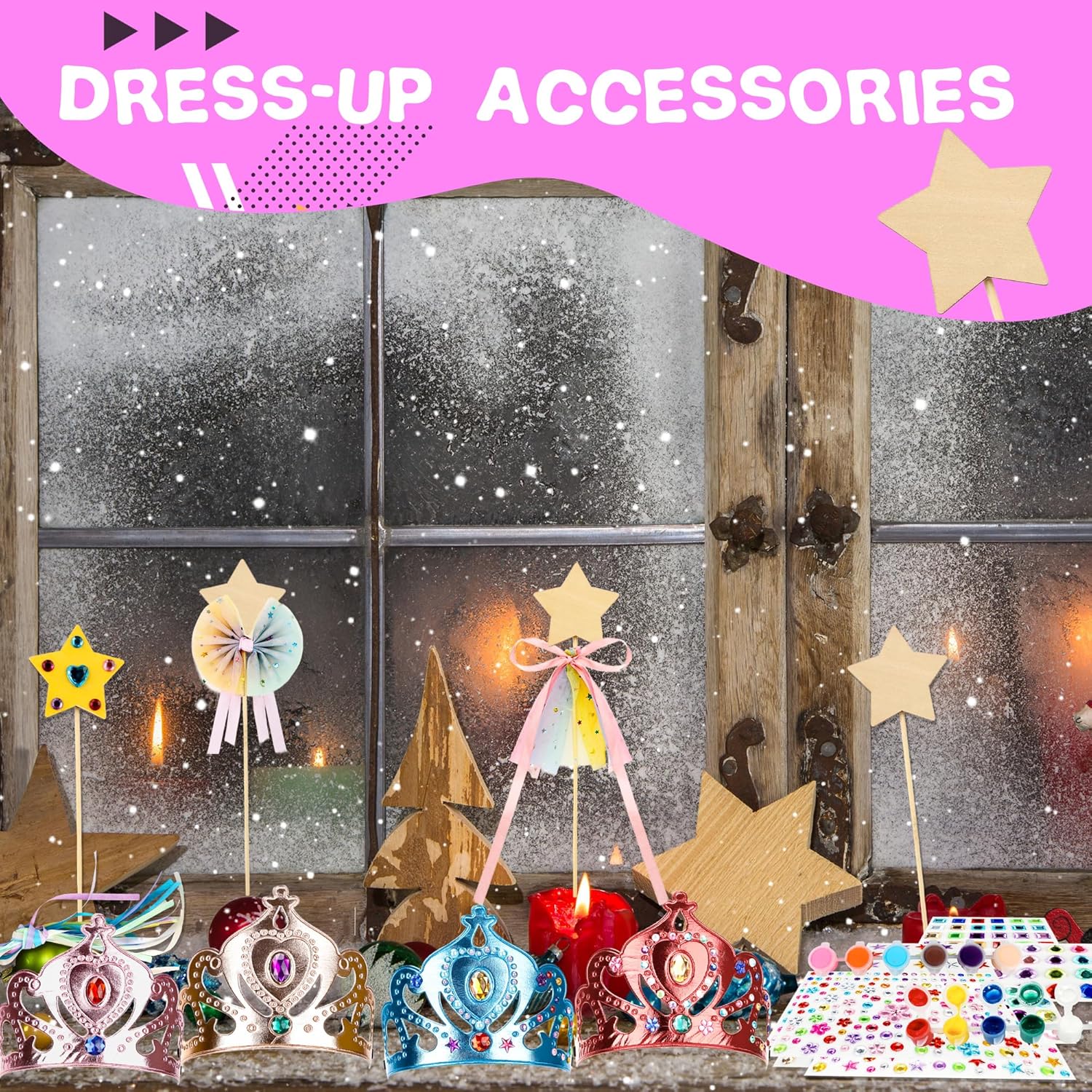 Feradny 54 Pcs Unfinished Star Princess Party Wand Crowns Set Kit Includes 16 Star Wooden Fairy Wands 8 Crown Caps 12 Gem Stickers 16 Ribbons a Roll of Mesh and Paint for Kids Princess Party Supplies