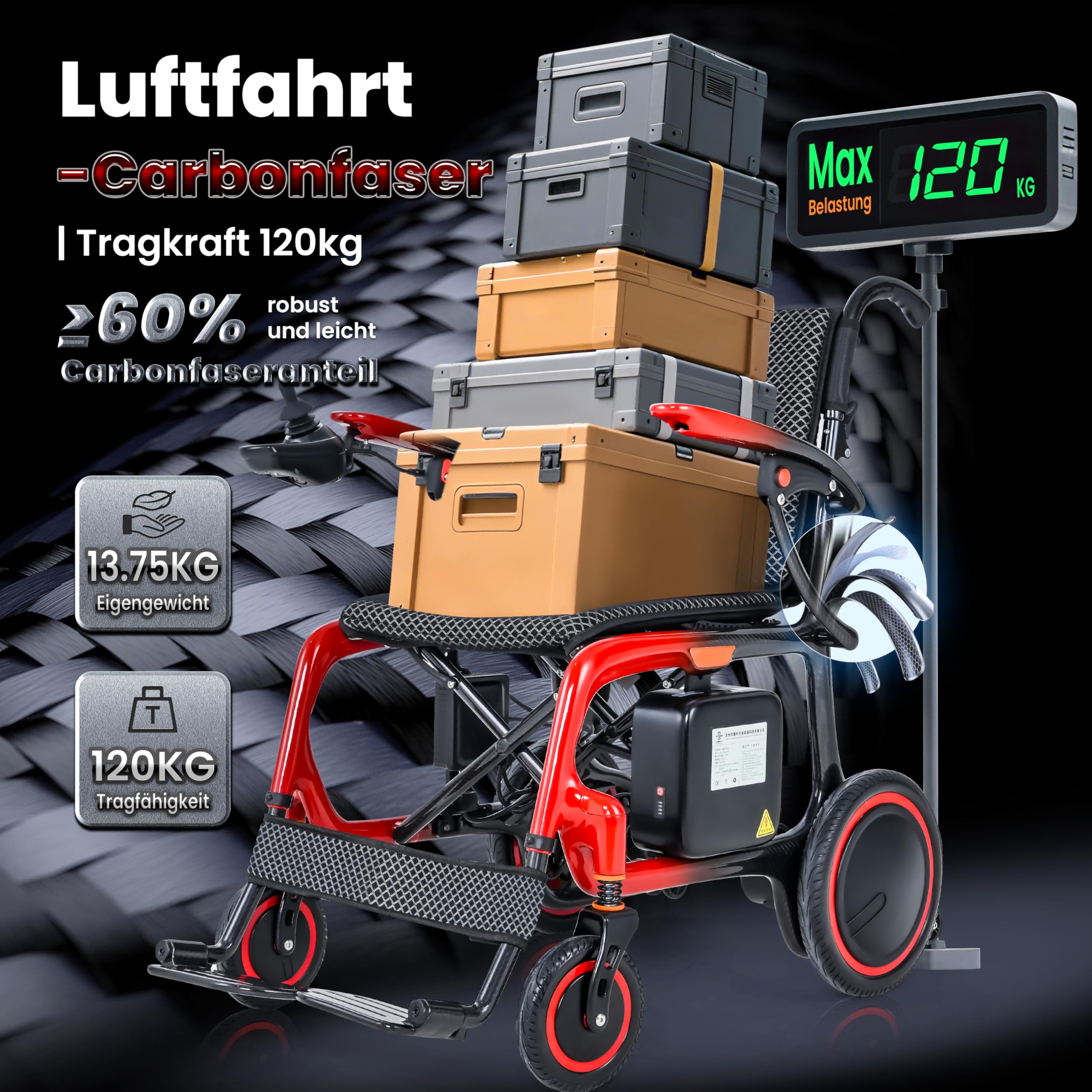 Silla de ruedas eléctrica ultraligera plegable (13 kg), 100% fibra de carbono, 2 baterías de 12 AH, 48 km de autonomía, silla de ruedas eléctrica para adultos, con cojín acolchado, mochila, bolsa