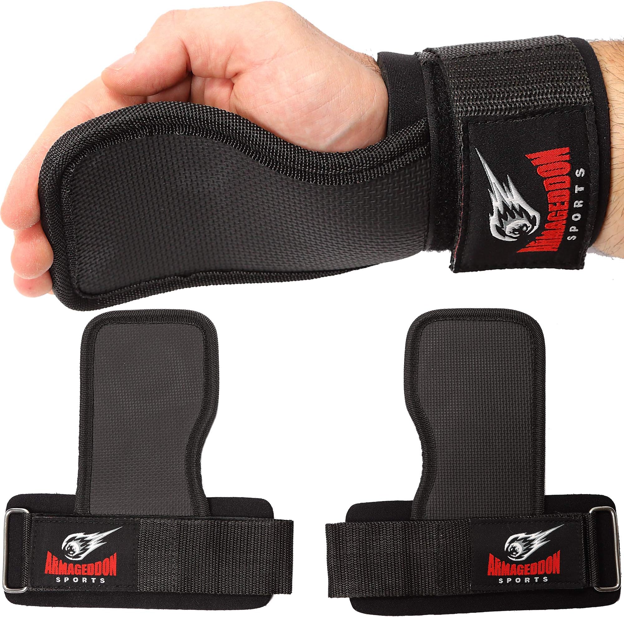 ARMAGEDDON SPORTS Weight Lifting Gym Hand Grips Workout Straps with Adjustable Wrist Support Wraps - Fitness Gloves Alternative