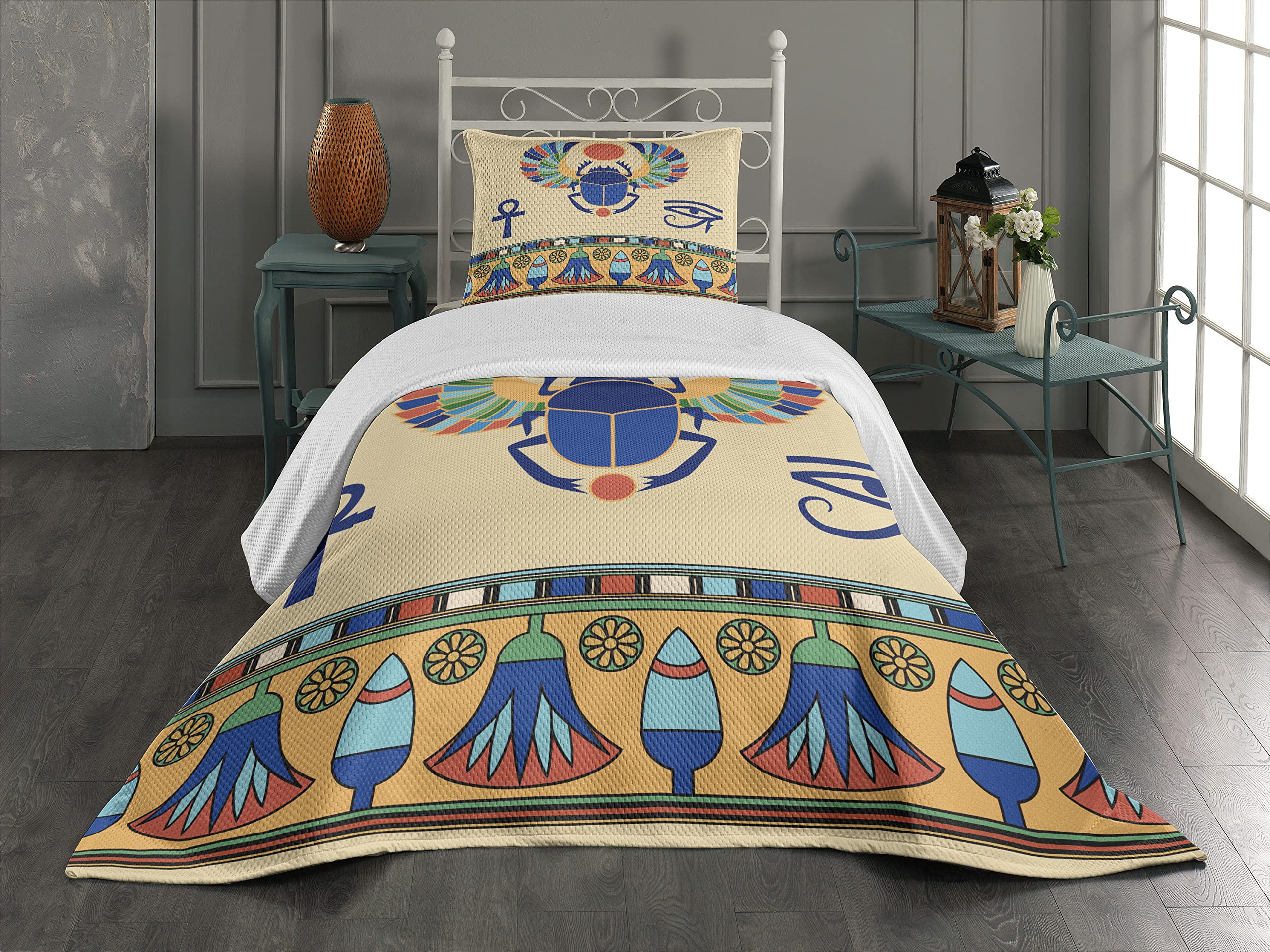 Ambesonne Egyptian Print Coverlet, Antique Historical Culture of Scarab Eye Ornaments, 2 Piece Decorative Quilted Bedspread Set with 1 Pillow Sham, Twin Size, Beige Blue