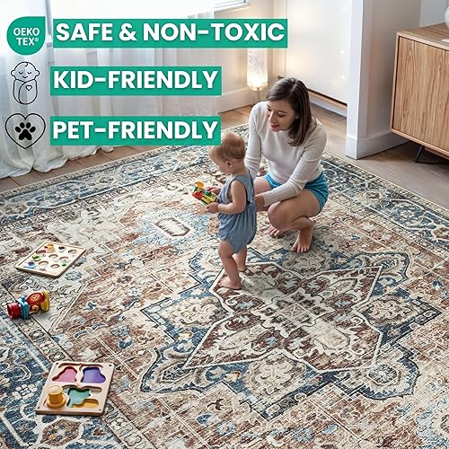 Miniatura 7 de Bloom Rugs Caria - Alfombra de pasillo lavable antideslizante de 11.8 ft, color terracota y azul, para entrada, pasillo, baño y cocina, tamaño