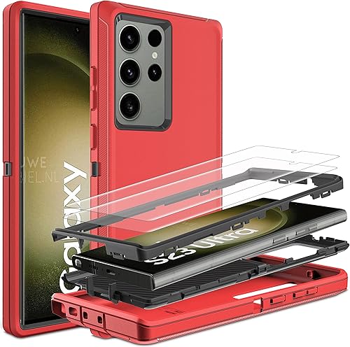 HONG-AMY Funda para Samsung Galaxy S23 Ultra, S23 Ultra con protector de pantalla de TPU flexible autorreparable (paquete de 2), funda resistente 3