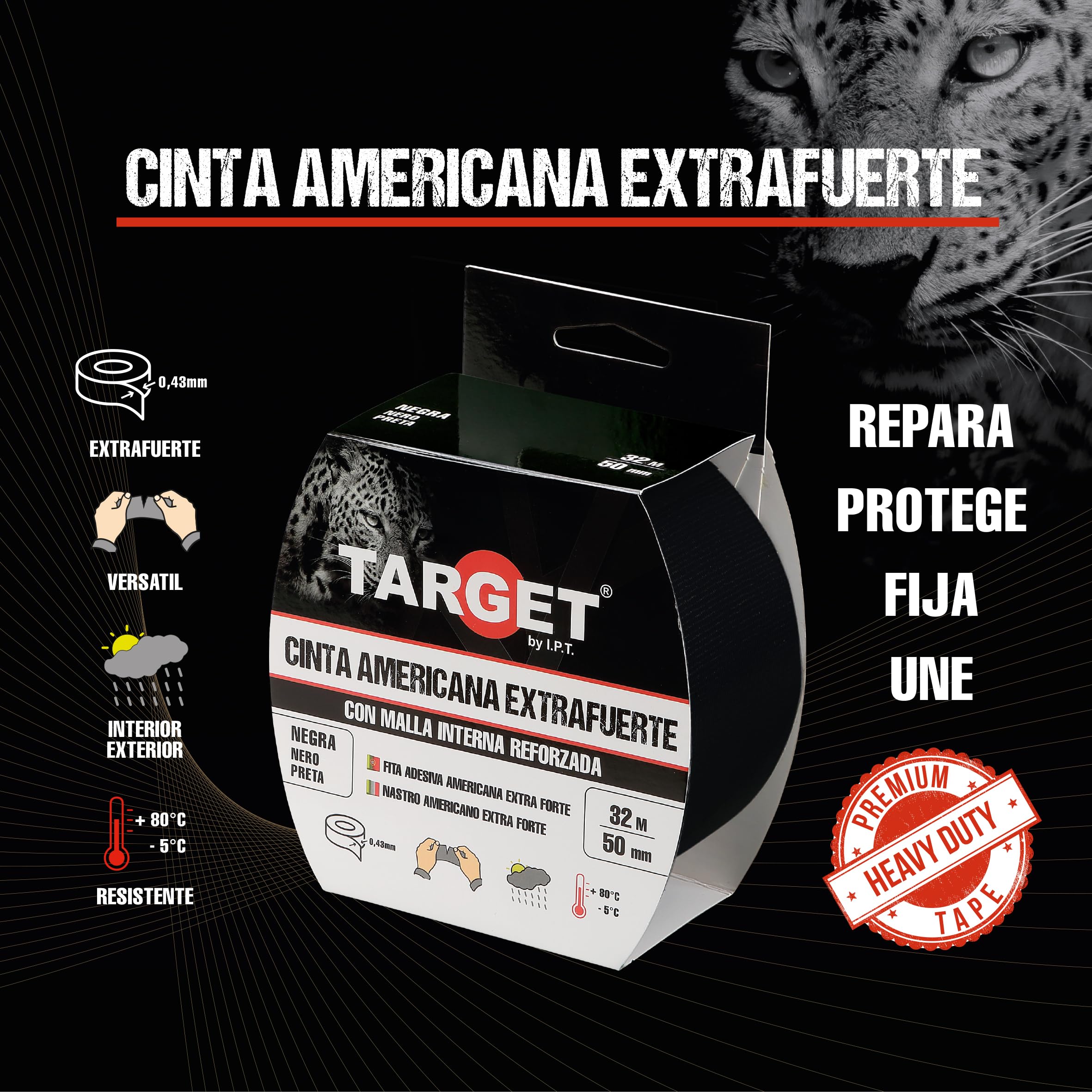 TARGET CTN1050N - Cinta Americana Extrafuerte, Heavy Duty | Reforzada con malla, Hasta 0,43mm de grosor (NEGRO, 10M X 50mm)