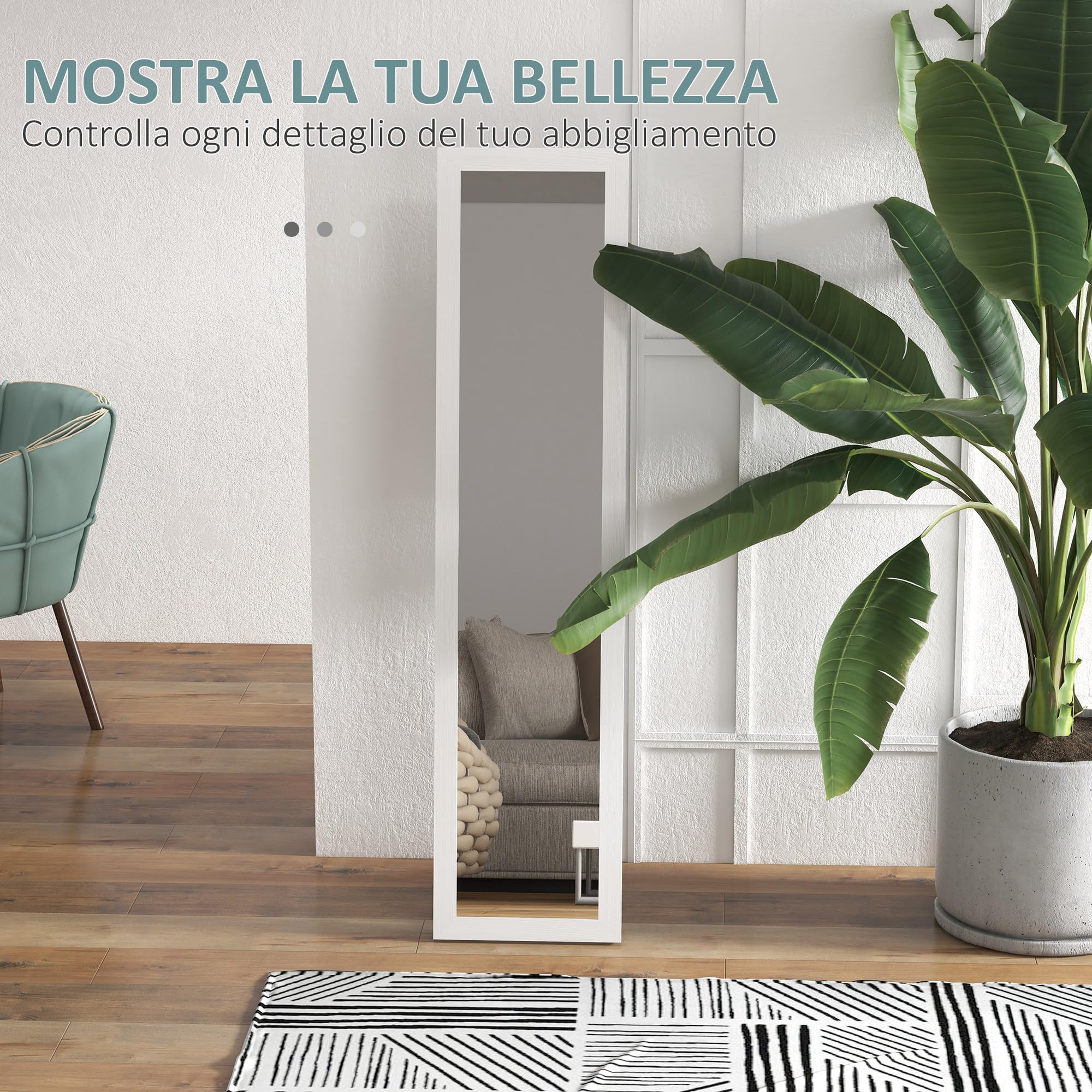 HOMCOM Specchio da Terra con Cornice in MDF con Piedini e Ganci, Specchio Moderno per Utilizzo a Parete, 37x40x155 cm, Bianco e Trasparente
