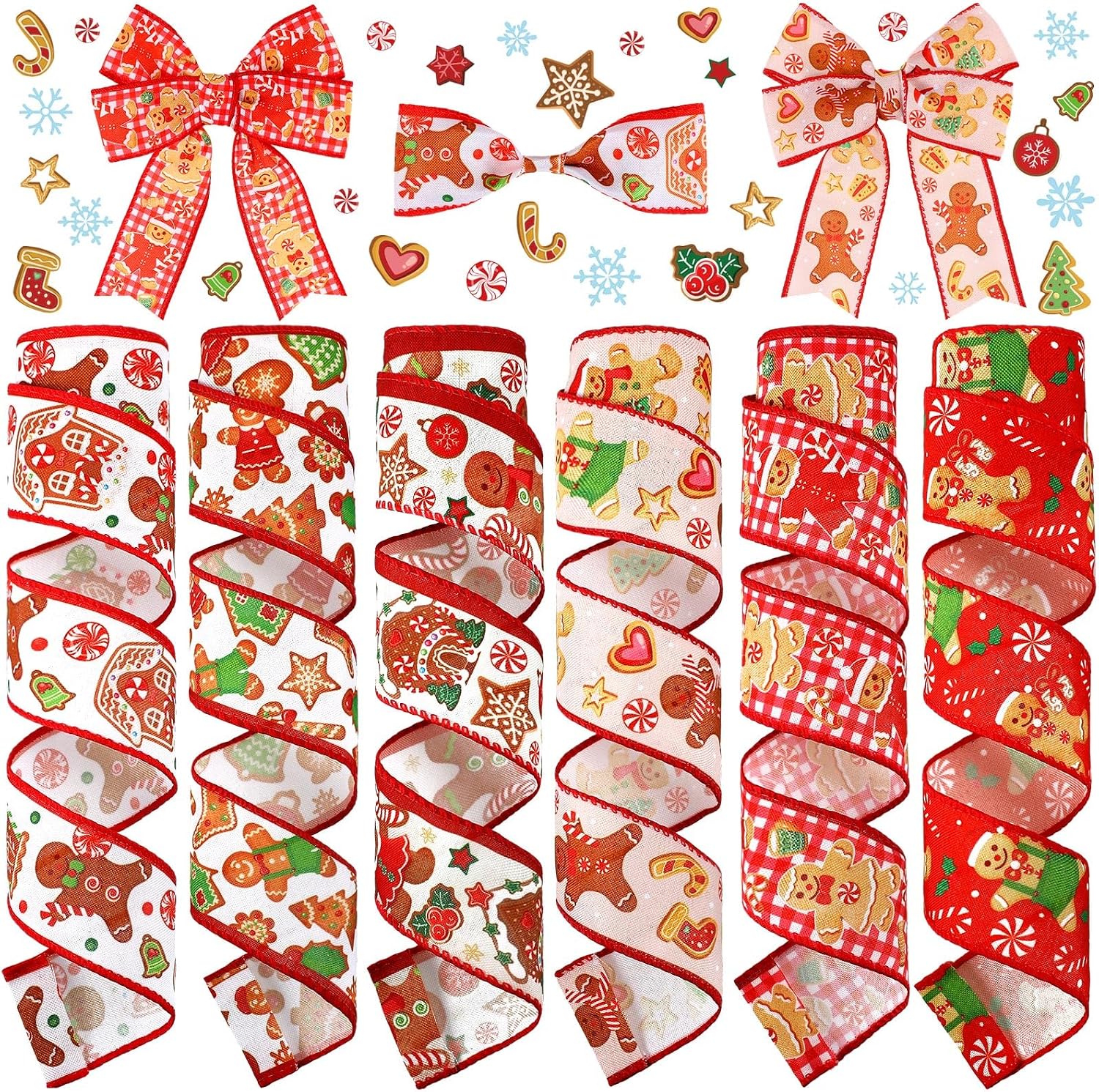6 Rolls 30 Yard Christmas Wired Ribbon 2'' Xmas Gingerbread Ribbon