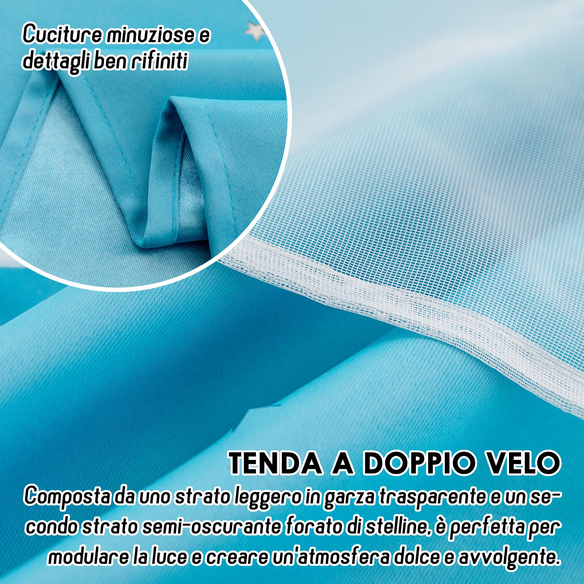 GIRASOLE HOME® Paire de rideaux à double voile occultants doux fantaisie étoiles vides, rideau isolant, pour chambre et chambre d'enfant, 2 panneaux avec œillets (140 x 145 cm, bleu ciel)