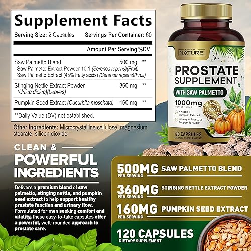Miniatura 7 de Built by Nature Suplemento de próstata con palma enana americana  Fórmula avanzada 3X + extracto de ortiga y semillas de calabaza  Apoyo a la salud