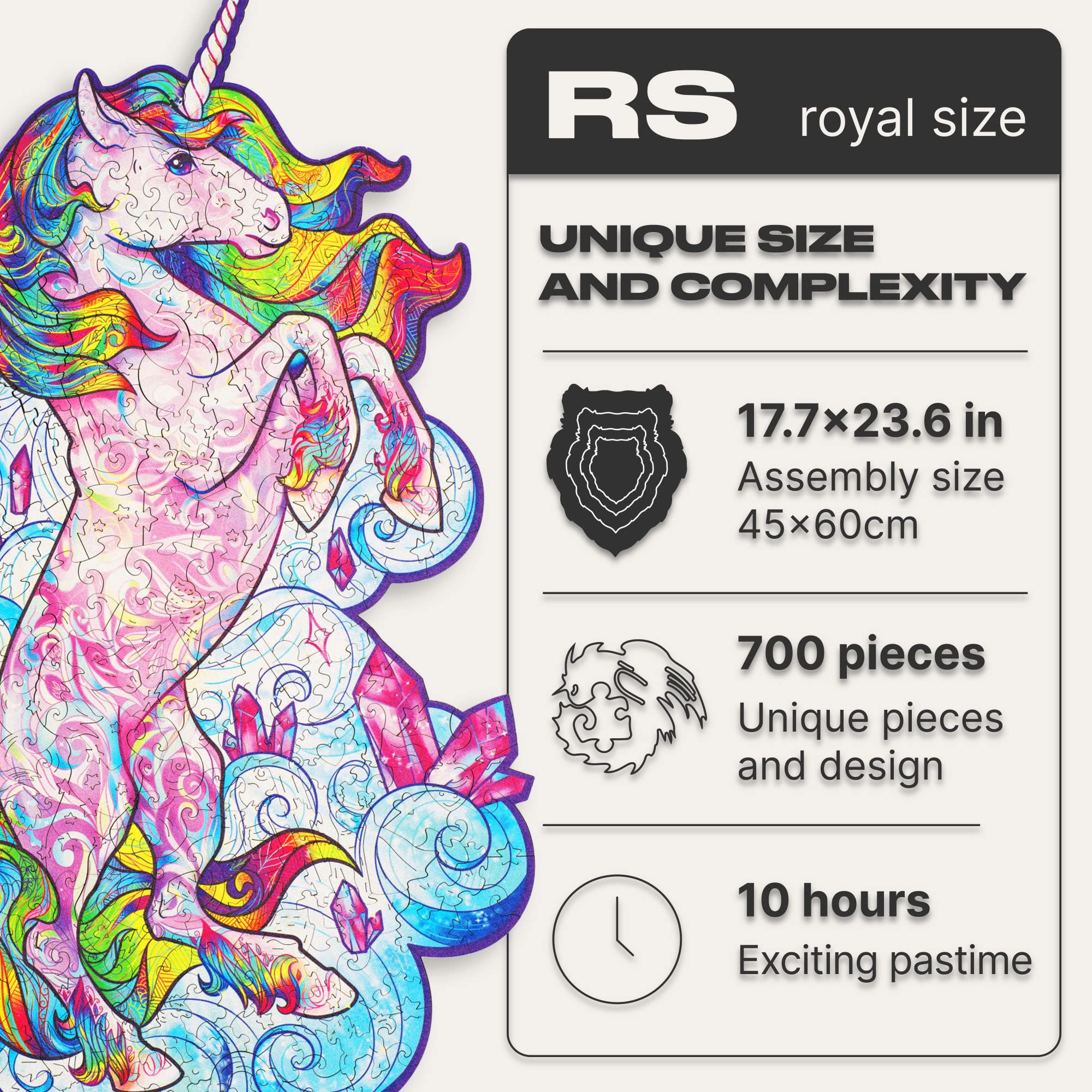 UNIDRAGON Oryginalne drewniane puzzle — inspirujący jednorożec, 700 żółtek, rozmiar królewski 17,7 x 23,6 cala (45 x 60 cm) piękne opakowanie na prezent, unikalny kształt najlepszy prezent dla