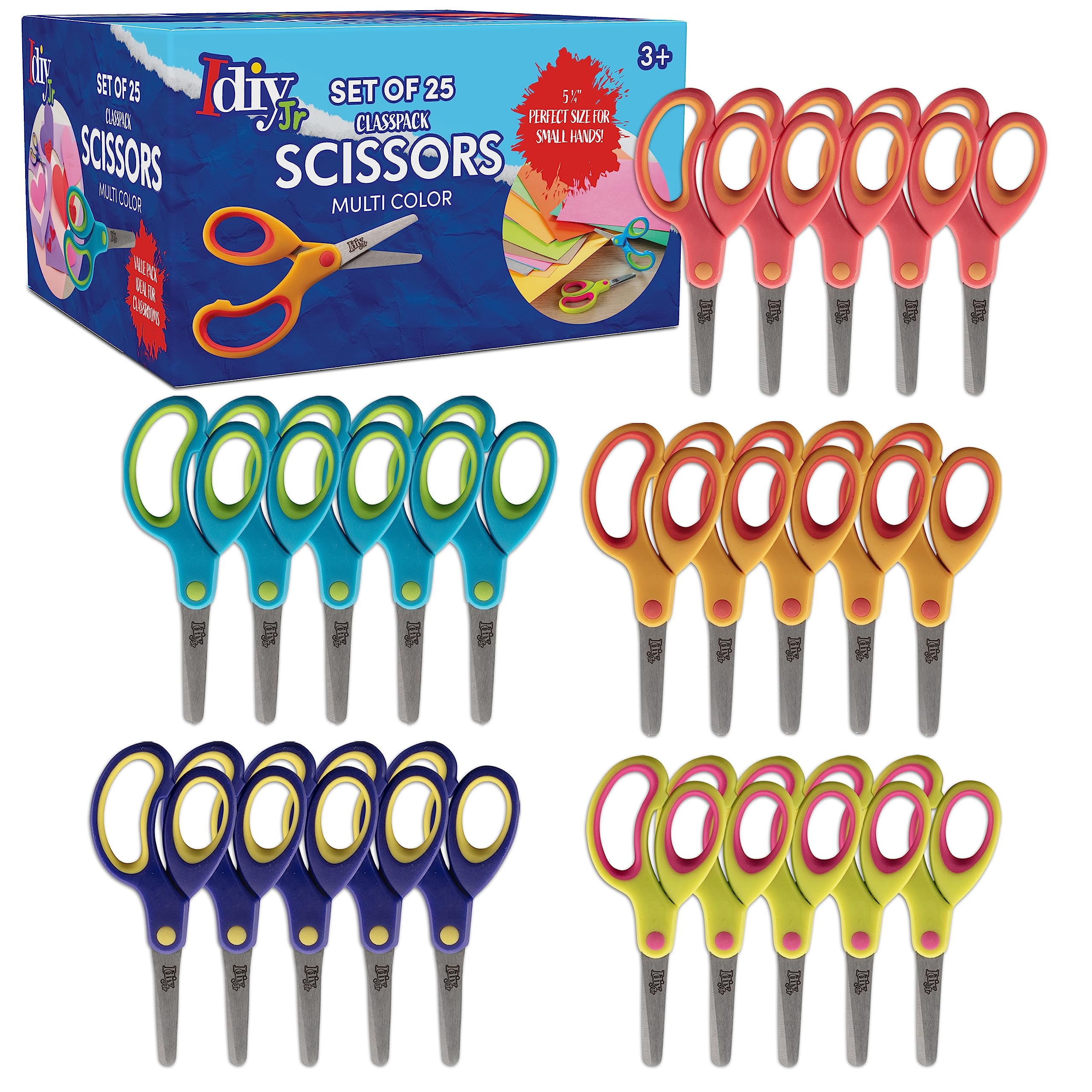 Idiy Lot de 25 paires de ciseaux pour enfants - 12,7 cm - Poignée souple - Pointe émoussée - Ciseaux de sécurité faciles à couper - Idéal pour les projets scolaires primaires, les fournitures d'art et