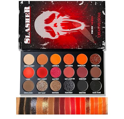 Creative Soul Cosmetics Slasher Eyeshadow Palette, Horror Gift, Horror Makeup, Blendable & Highly Pigmented, Spooky Eyeshadow Palette, Goth Makeup, Red Eyeshadow, Black Eyeshadow