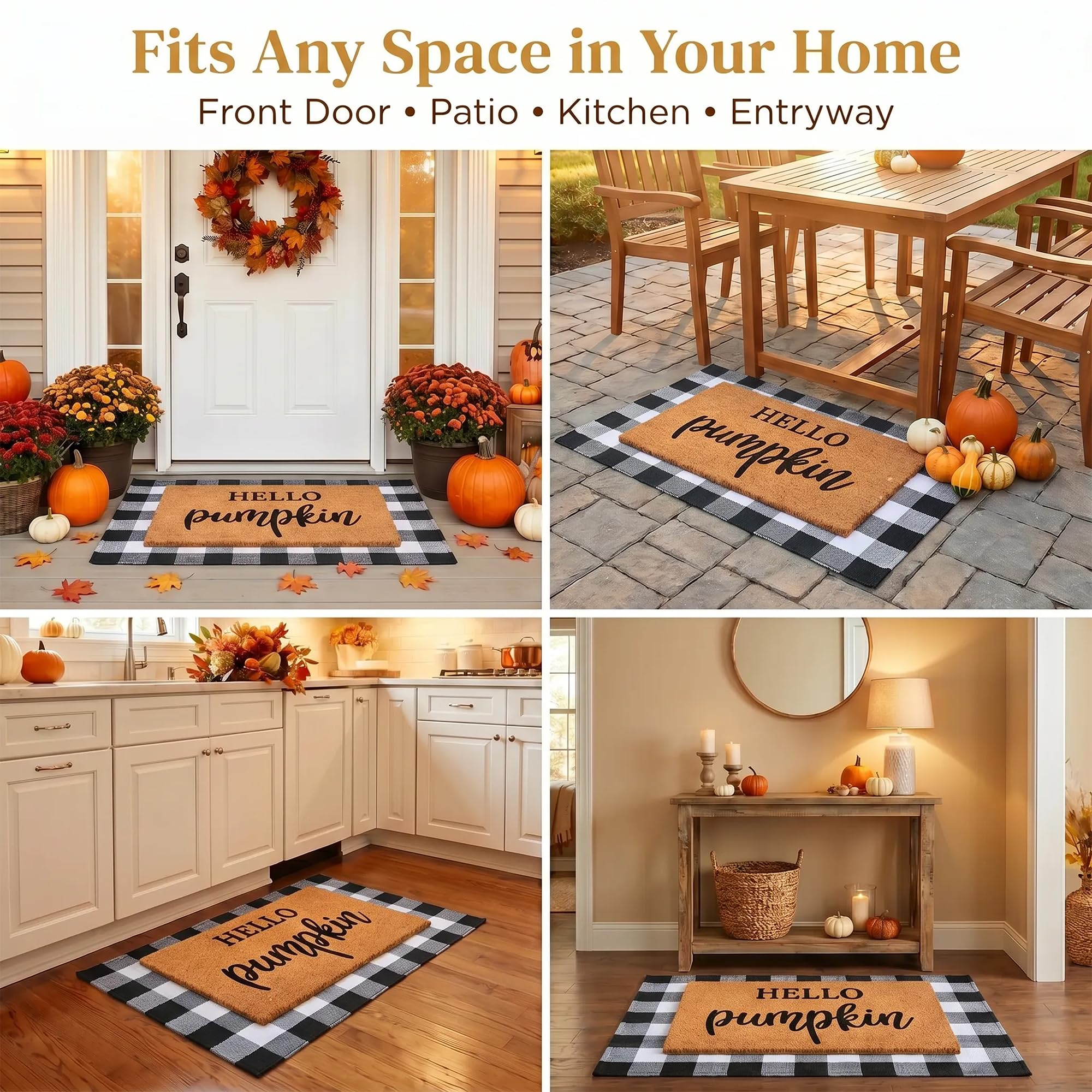 Ensemble de paillassons décoratifs d'automne en 100 % fibre de coco + tapis à carreaux noirs et blancs de 71,1 x 109,9 cm – Paillasson d'entrée pour porche, intérieur et extérieur, tapis d'automne