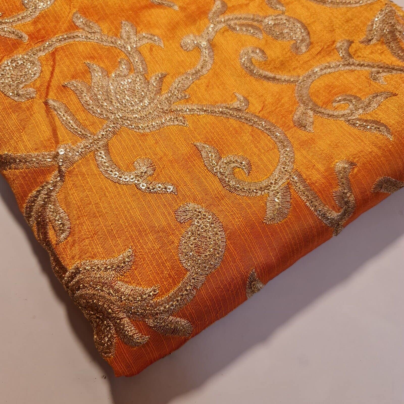 Luxury Faux Raw Silk Gold Embroidery Fabric Fancy Dress Fabric Home Decor 44" (Mustard Orange)