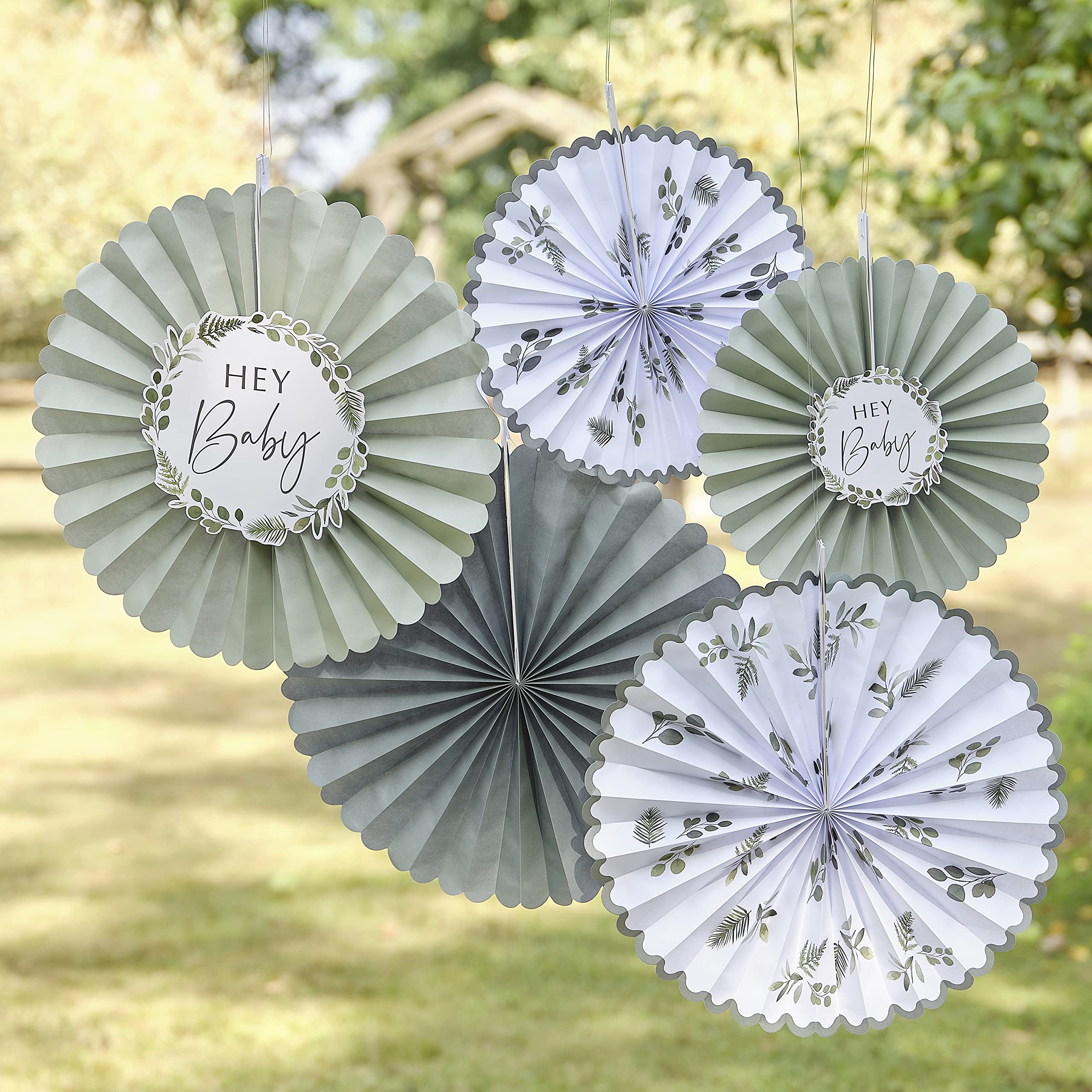 Ginger Ray Hey Baby Paper Fan Baby Shower Decorations Pack of 5,Green,white