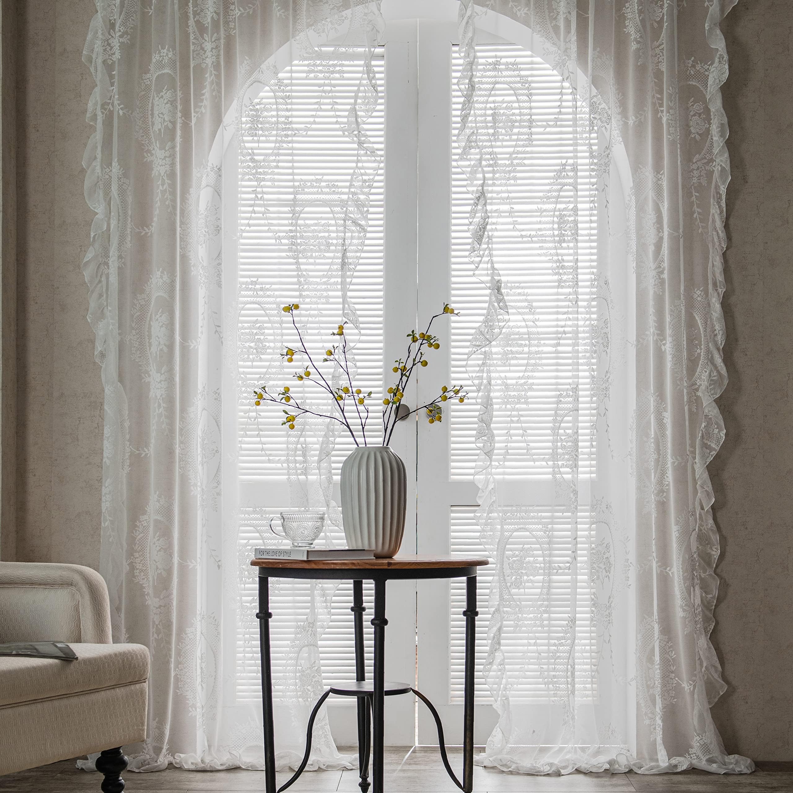 Sutuo Home White Lace Curtains 90 Inches Long, Vintage Embroidered Floral Rose Sheer Curtains for Bedroom Living Room, Privacy Country Rustic Windows Treatment Pair, Rod Pocket, W57 x L90,2 Panels