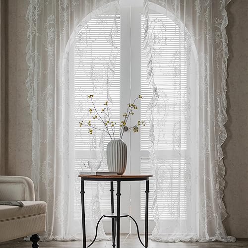 Sutuo Home Juego de 2 cortinas de encaje blanco de 96 pulgadas de largo, paneles transparentes con bordado floral de rosas, par de ventana de gasa