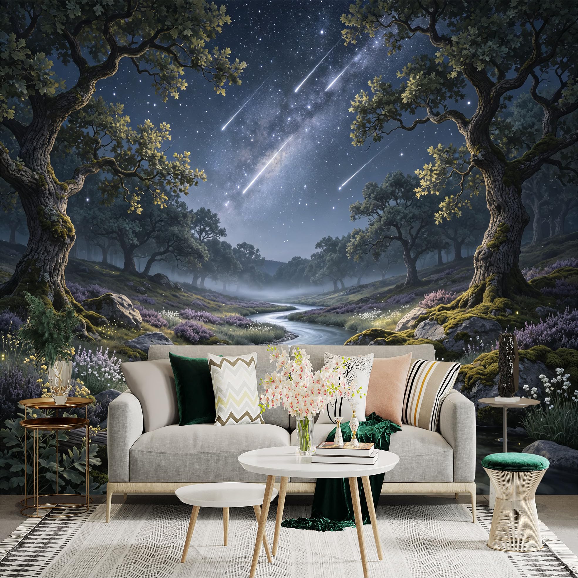 Lnzczhyre Bh260719564 Custom Size Wall Sticker Mural， Enchanted Stream In Night Forest， Glowing Stars And Milky Way， For Wall Decoration， Peelandstick Wall Decals.