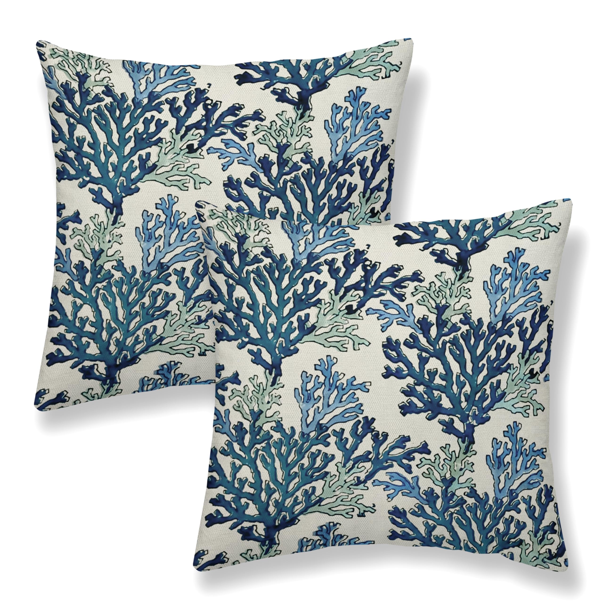 DAFENA Navy Blue Teal Coastal Pillow Covers 18x18 Inch 2 Pcs Coral Summer Outdoor Decor Throw Pillows Nautical