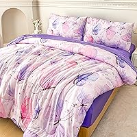 Vista 3 de MWMWMW Juego de edredón de mariposas para niñas, juego de ropa de cama estampado de mariposas rosa y morado, juego de ropa de cama de mariposas de 5