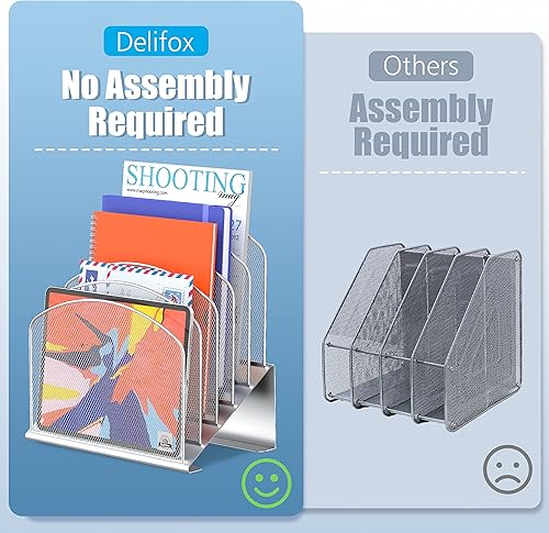 Vista 102 de Organizador de archivos de escritorio inclinado, soporte vertical de 5 secciones, soporte de metal clasificador de archivos para oficina y aula