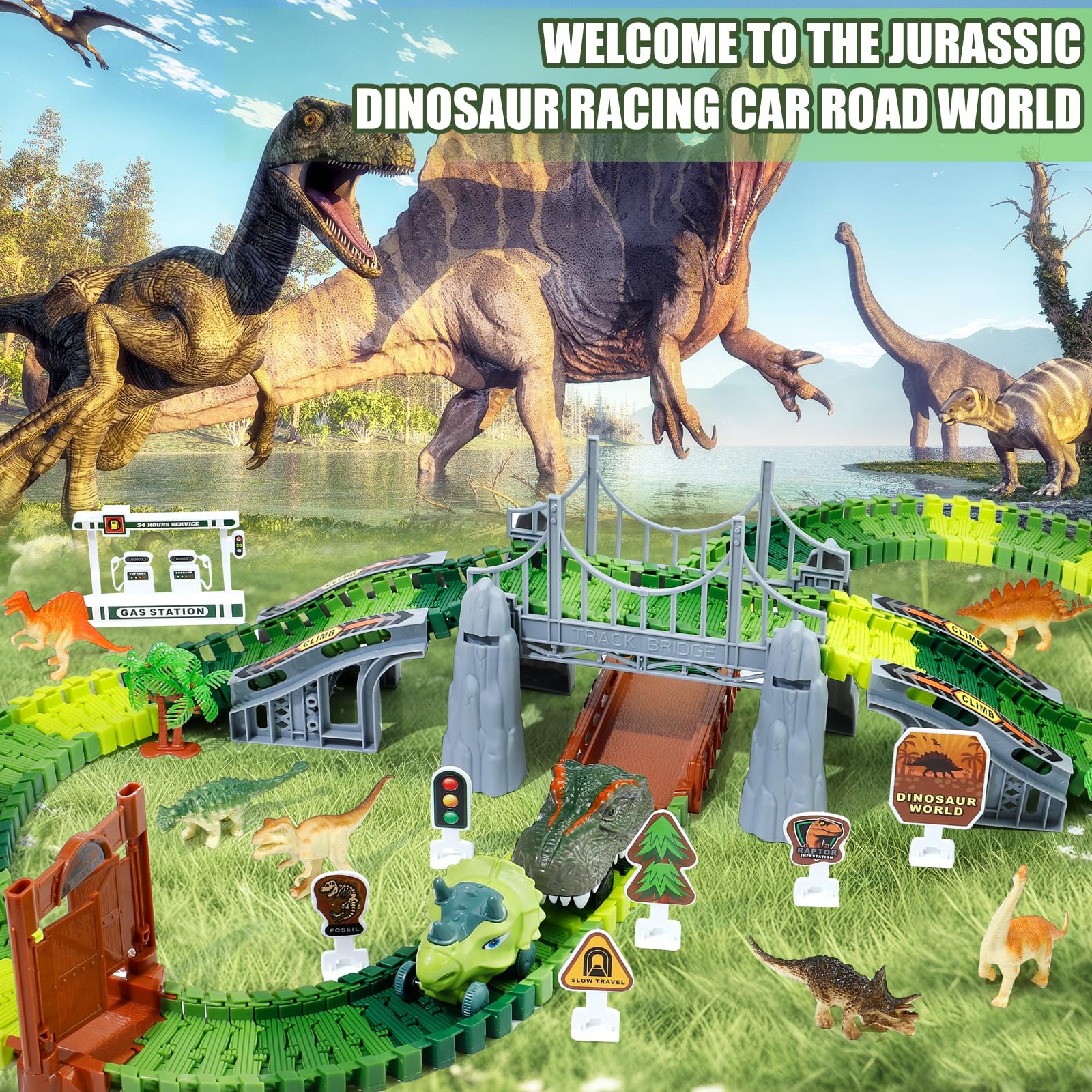 Juguetes de dinosaurio, pista de carreras de dinosaurios para niños de 3 a 5 años, juego flexible de pista de tren con dinosaurios y autos, juguetes para niños pequeños para edades de 3, 4, 5, 6, 7, 8 6