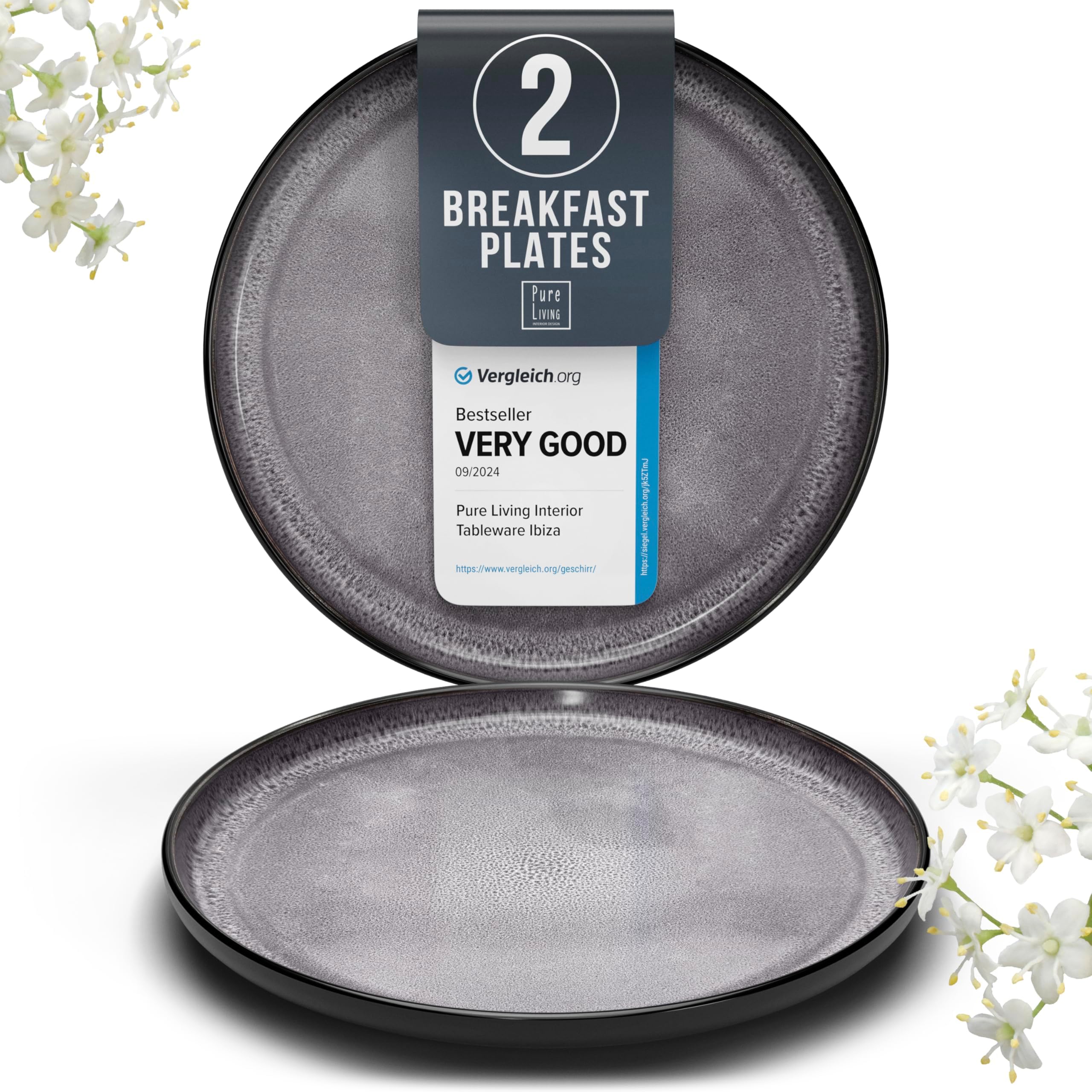 PURE LIVING INTERIOR DESIGN Stoneware breakfast & dessert plates set 2 pcs – Dark gray stylish cake plates – Dishwasher, microwave and scratch resistant – Small salad plates – Dinner service