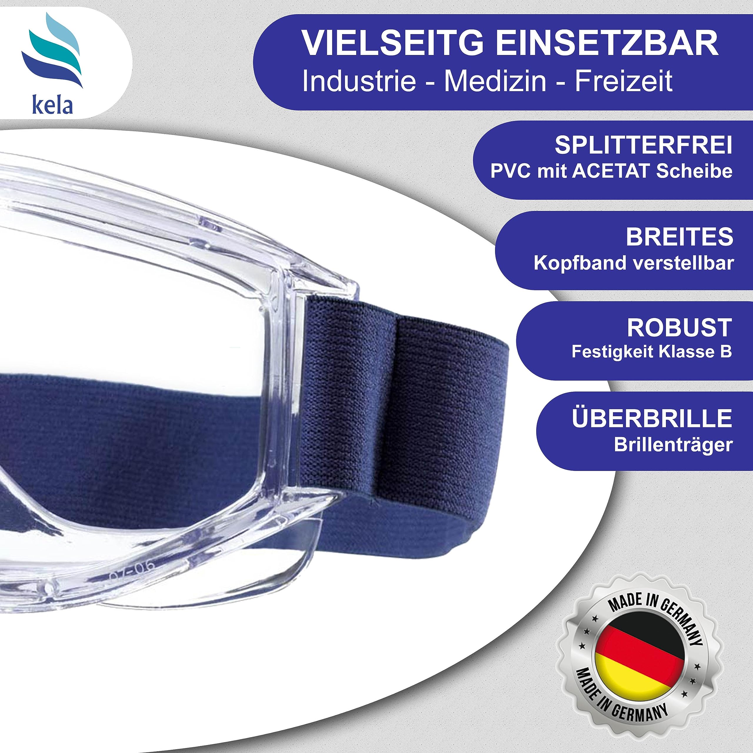 kela 2er Pack Vollsichtschutzbrillen ACT I 100% Made in Germany | Ventilation Anti Fog Beschichtung | Acetatscheibe gegen Chemikalien I breites Kopfband | Baustelle, Labor, Werkstatt