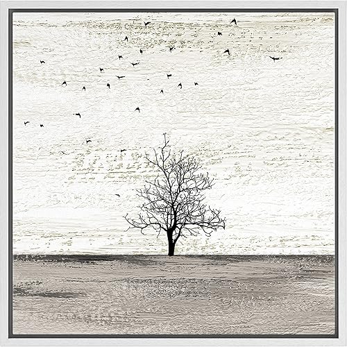 SIGNFORD Lienzo enmarcado para pared, pájaros vuelan sobre campo gris con árboles, animales, ilustraciones de vida silvestre, arte moderno,