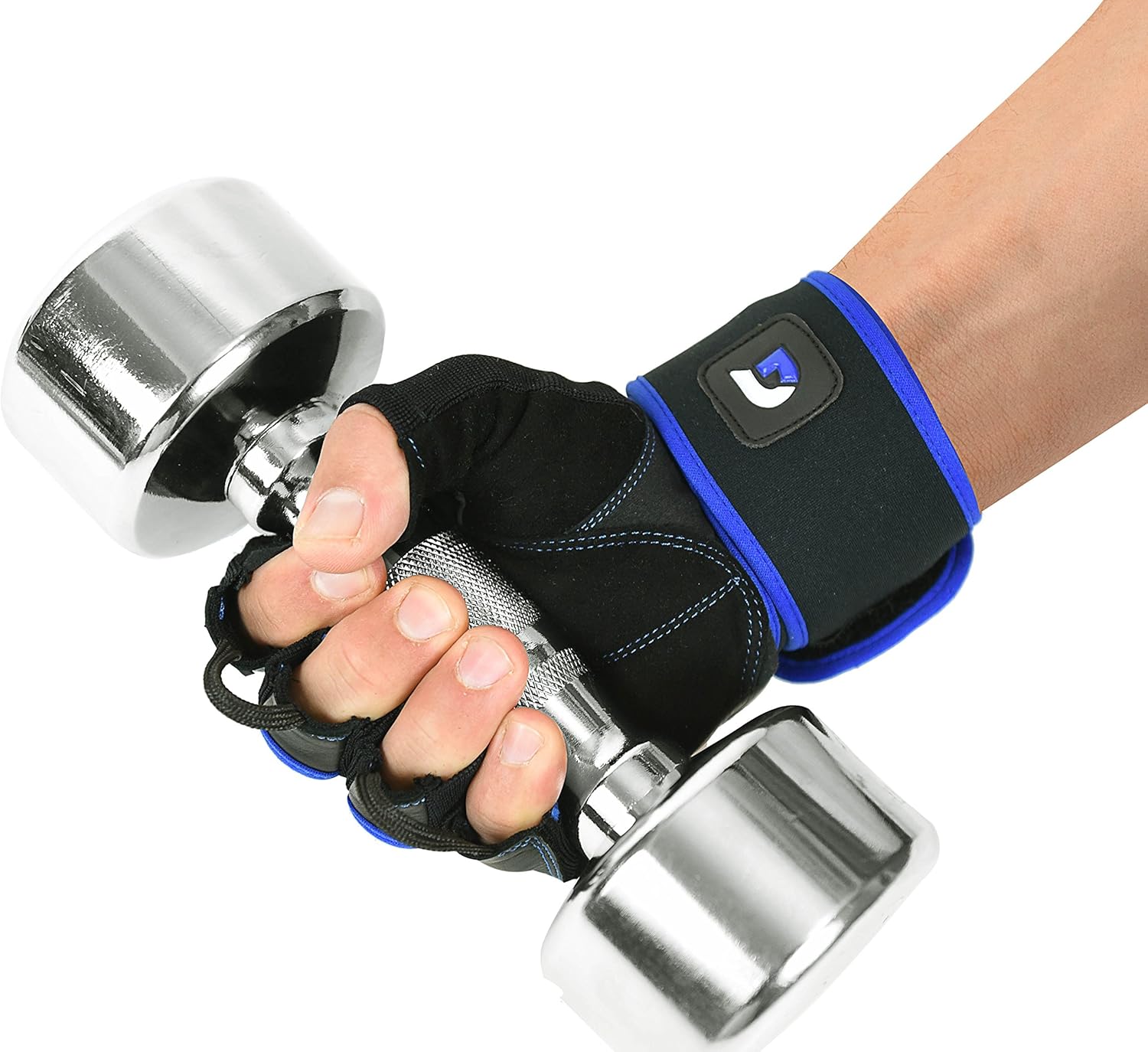 Gym Gloves - Ranger with Built in 2" Wide Wrist Wraps Design for Weight Lifting, Power Lifting, Bodybuilding & Strength Training Workout Exercises (Black & Blue, Large 8 1/8" - 8 1/2")
