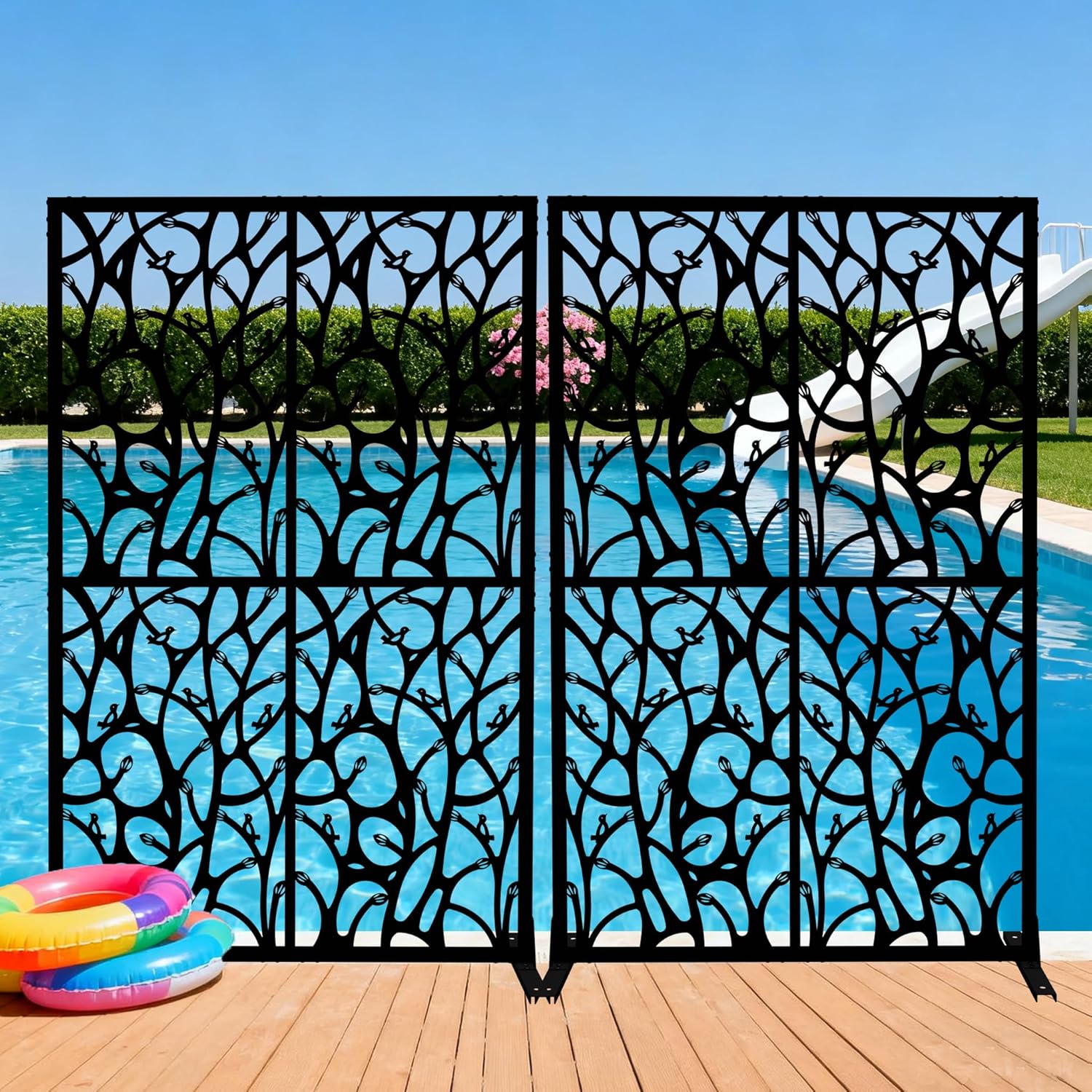 Metal Privacy Screen Outdoor W3.8Ft x H 6Ft Patio Privacy Panels Free Standing Divider Decorative for Balcony Garden Room Lawn Deck (1, Black Bird)