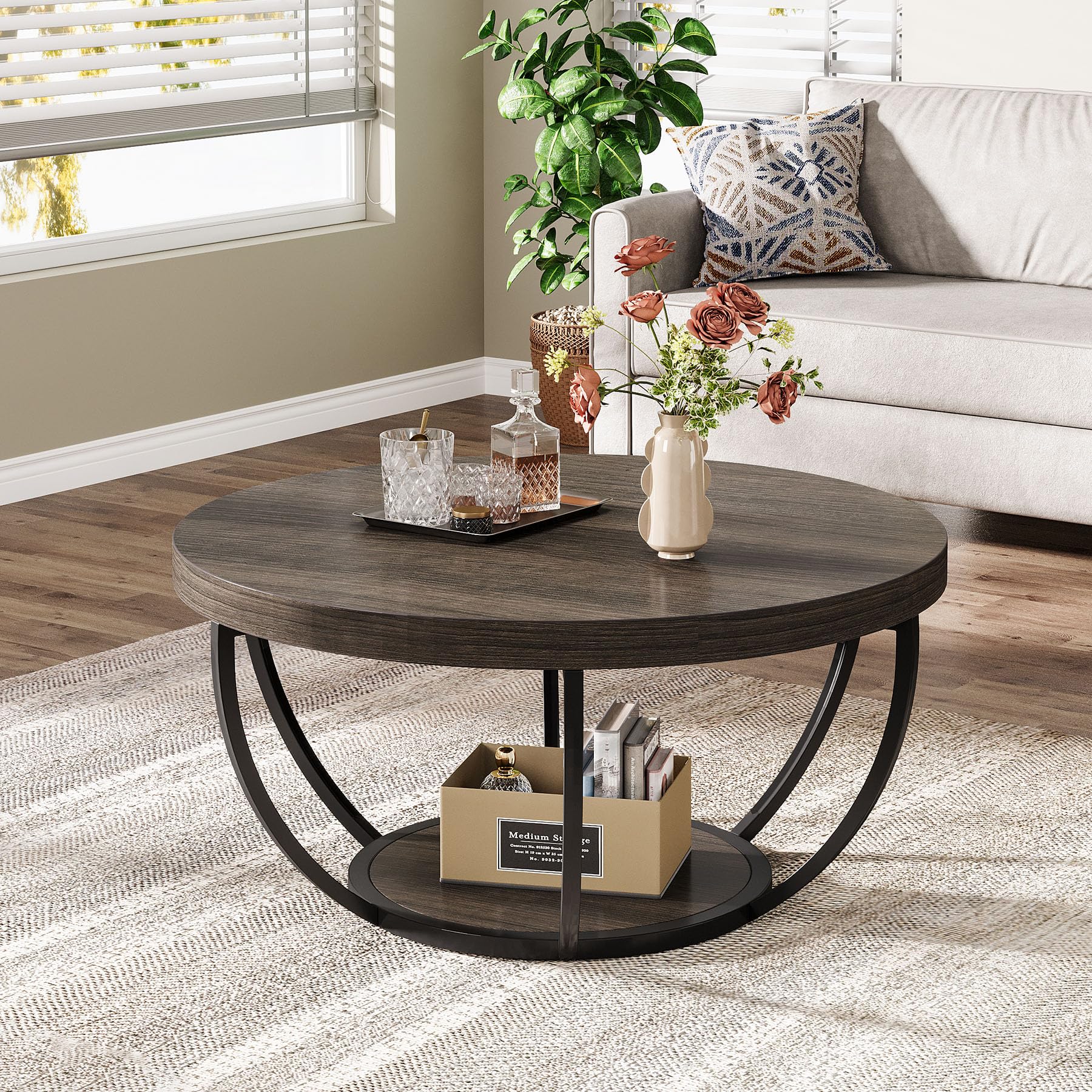 Tribesigns Mesa de Centro Redonda, 80 cm Mesa de Café Industrial Circular de 2 Niveles, Mesita Baja Sofá, Mesa Central Moderna de Madera para sofá, Mesa Auxiliar para Sala de Estar, Gris