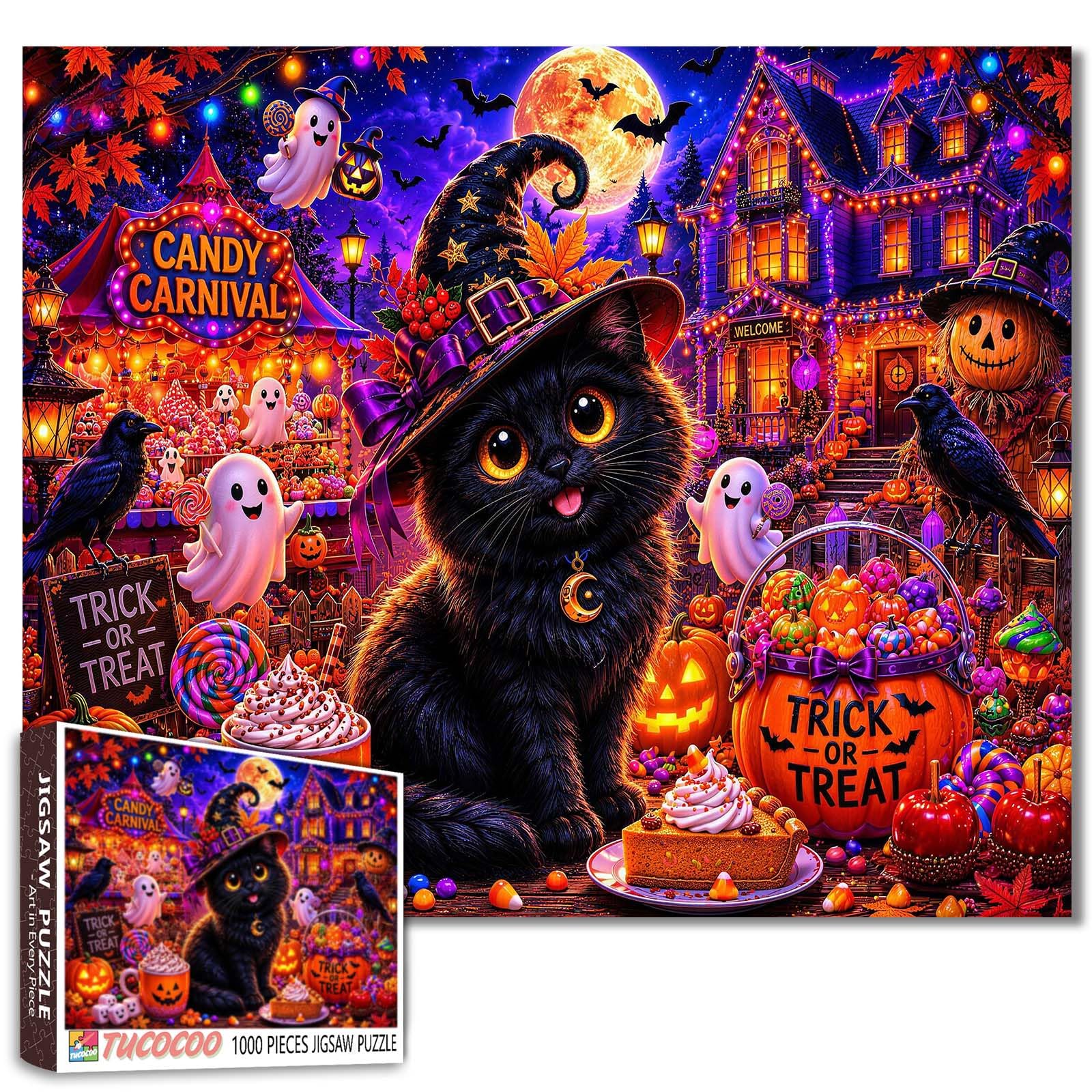 Halloween Cat Puzzle Candy Carnival Jigsaw Pumpkin Ghost 1000 Pieces Puzzles for Adults Beginner Gothic Style Picture Challenging Family Activity Games DIY Crafts Puzzle for Home Decor Gifts — image 1